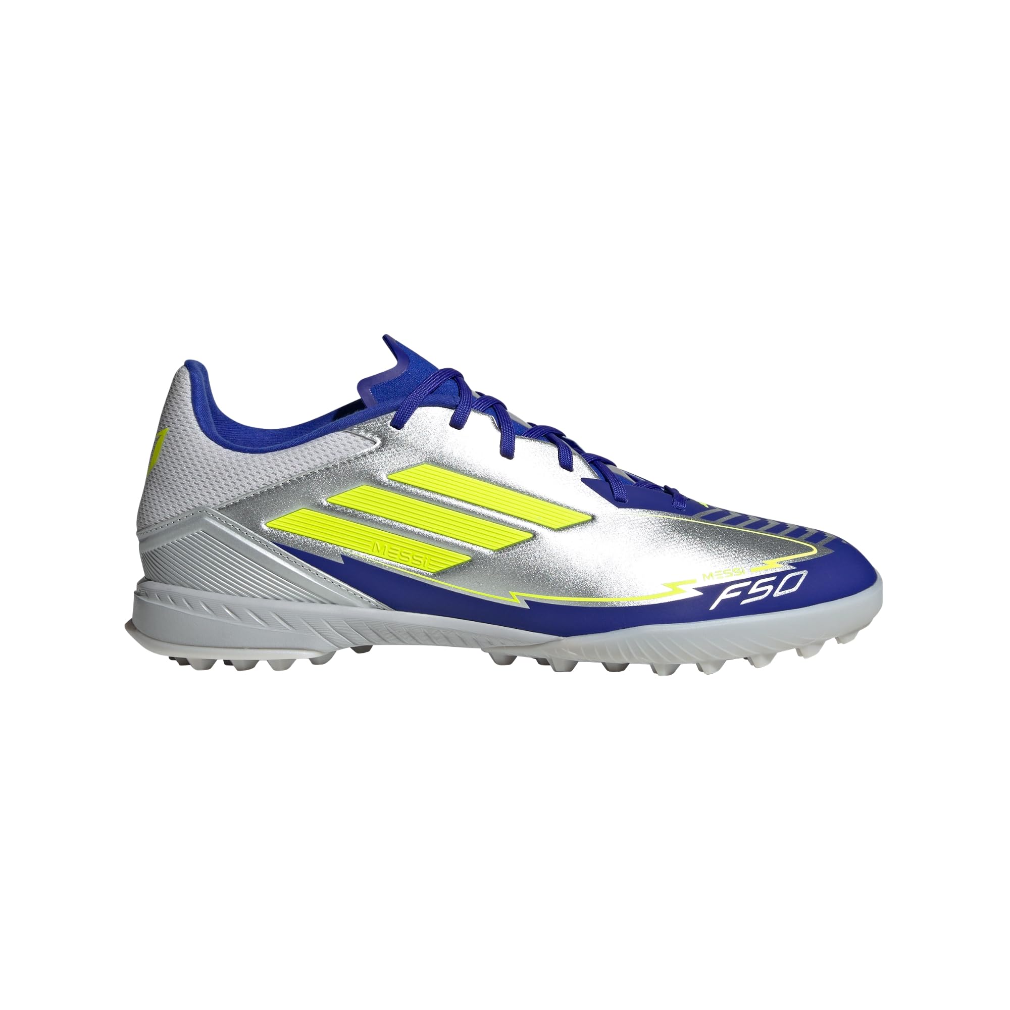 adidas Unisex F50 League Football Boots Turf, Silver Metallic/Solar Yellow/Lucid Blue, 10 UK