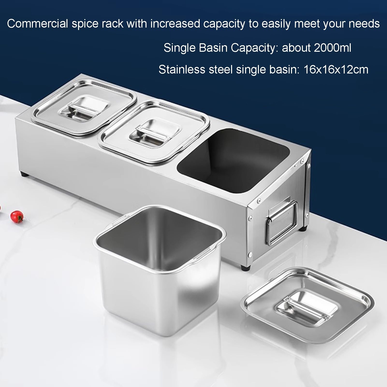 Juego De Especieros Comerciales De Acero Inoxidable Soporte Para Mostrador, Recipiente Para Alimentos Dispensador, Caja Organizadora Para Sal, Azúcar, Condimentos Y Frutas(Silver-B,53x18x15.5cm)