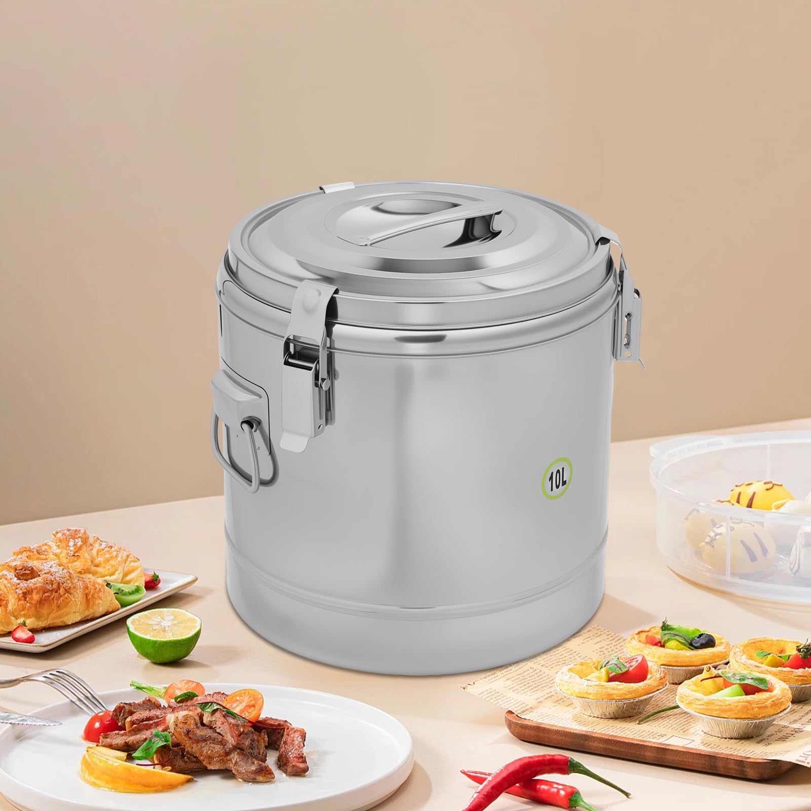 Contenitore termico da 10 l, in acciaio inox, per gastronomia | 10 l, acciaio inox 304, caldo e freddo 12 ore, 29,5 x 28,4 cm, guarnizione, manici, per catering e gastronomia