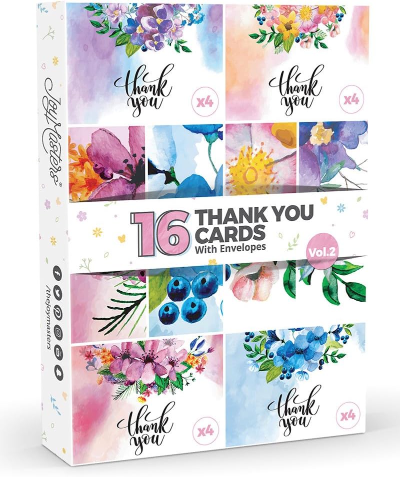 16 x Watercolour Floral Thank You Cards by Joy Masters™ Vol.2