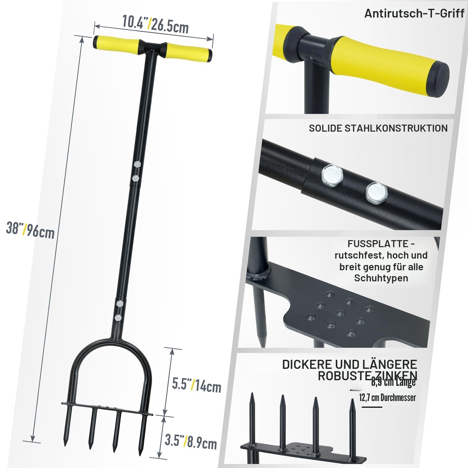 Colwelt Rasenbelüfter für verdichtete Böden und Rasenflächen, rutschfester T-Griff, mit vier 9 cm massiven Stahlspießen, 96 cm