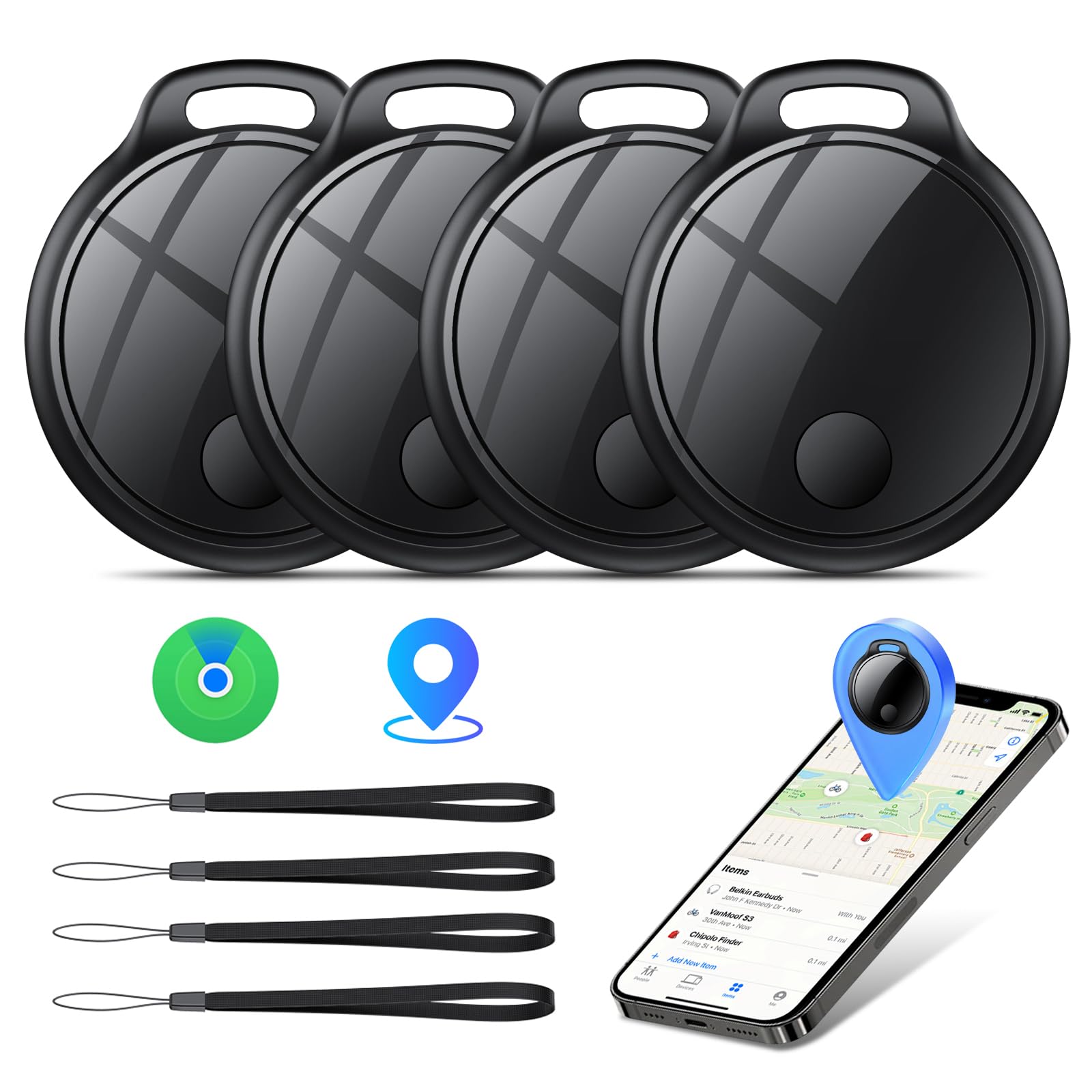 Air Tracker Tag 4 pezzi Nero,Gps Tracker Funziona Bluetooth Trova oggetti Compatibile con Apple Dov'è (solo iOS) Localizzatore Chiavi per Borse, Bagagli, Zaini, Batteria Sostituibile