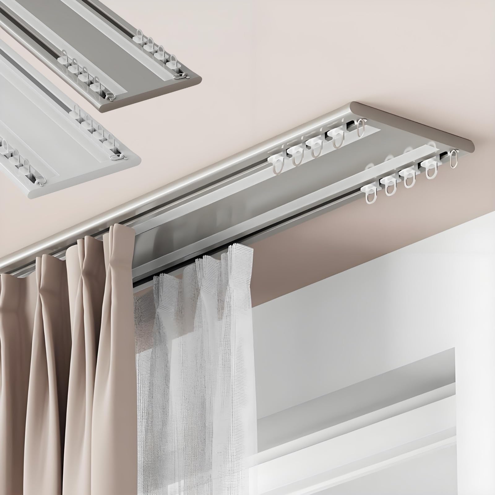 Silent Double ain Track - Soporte de techo con sistema de barra de aluminio Hoo Adjuble de 3 a 14 pies para separadores de habitaciones, sala de estar, hotel, bronce de 1,9 m / 6.2ft