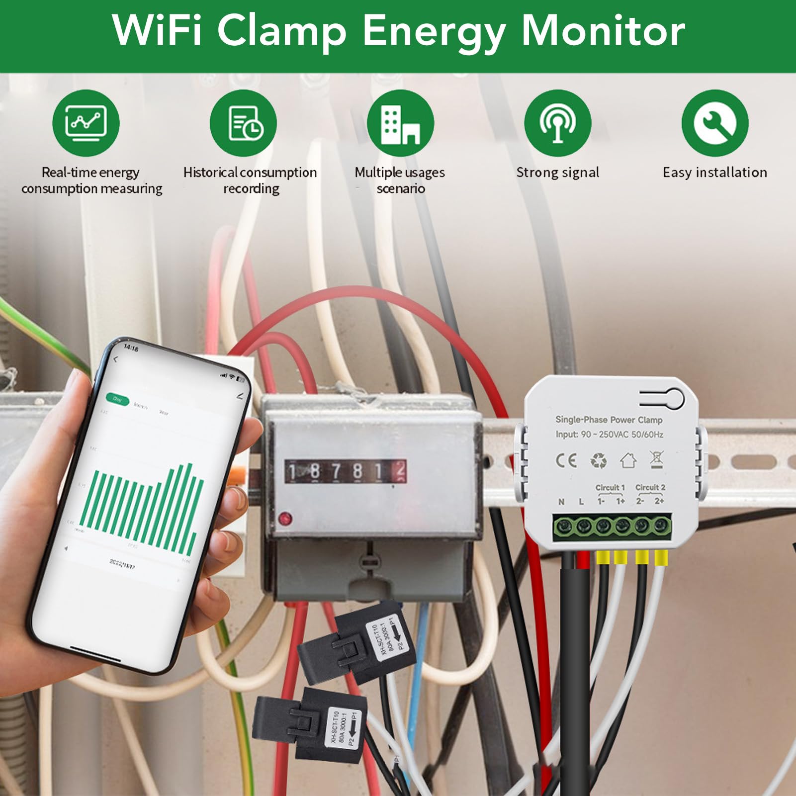 Smart WiFi Energy Monitor Tester miernika energii elektrycznej z prądem 120A Transformator prądowy Śledzenie zużycia energii w czasie rzeczywistym dla domowego Układu Słonecznego