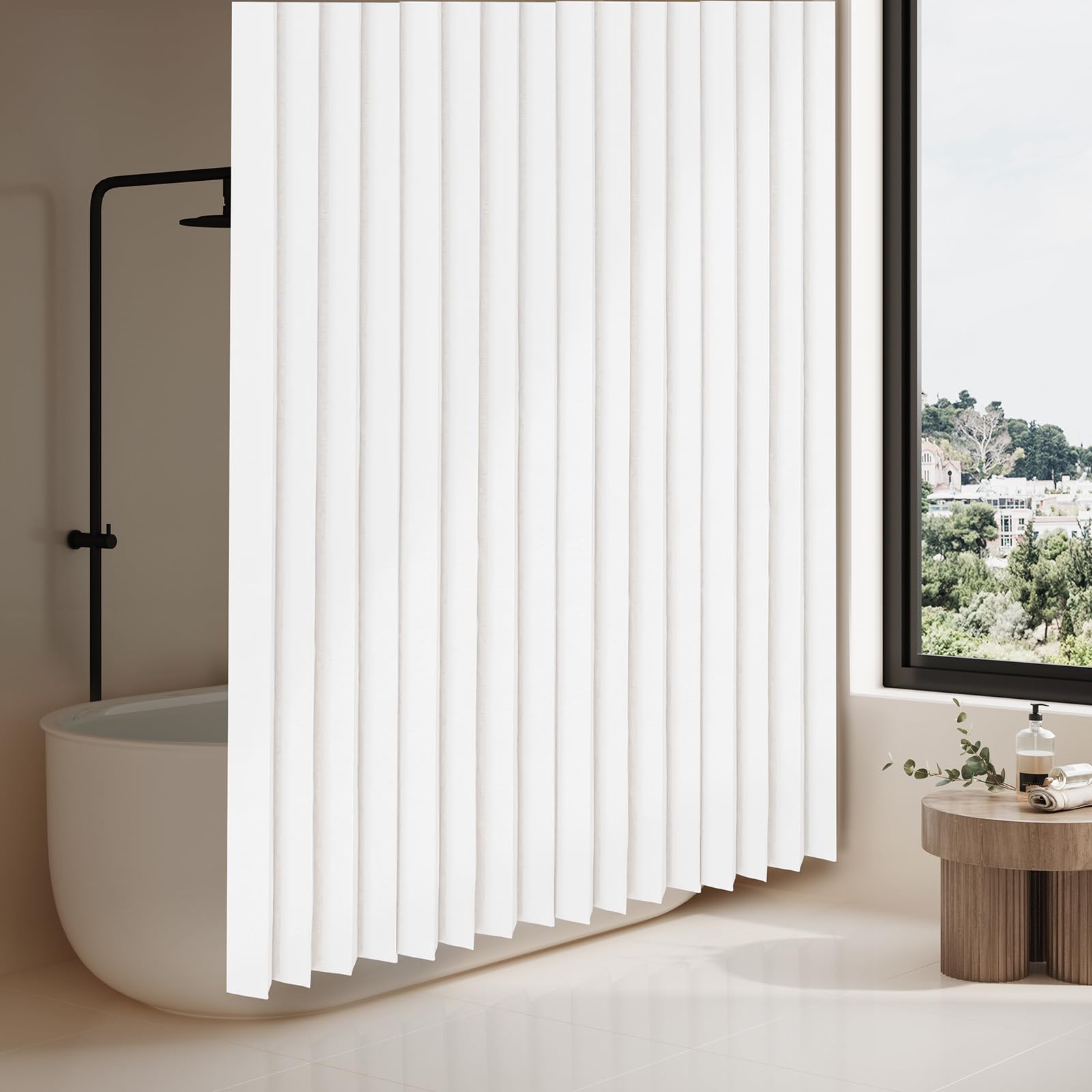 AJAZZ, Magnetic Folding Shower Curtains, Fabric Polyester Material