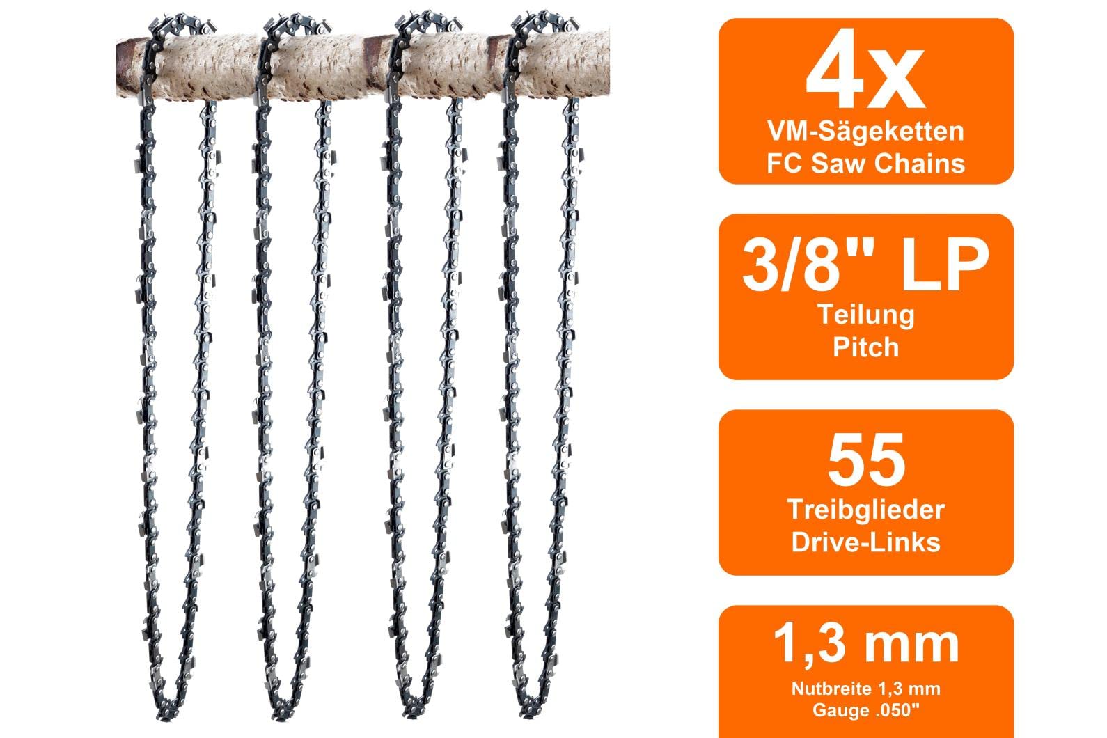 SECURA 4 Chaînes à gouge carrée compatible avec Castor High-Tech 1.8 Tronçonneuse avec 40cm 3/8LP 55M 1,3mm