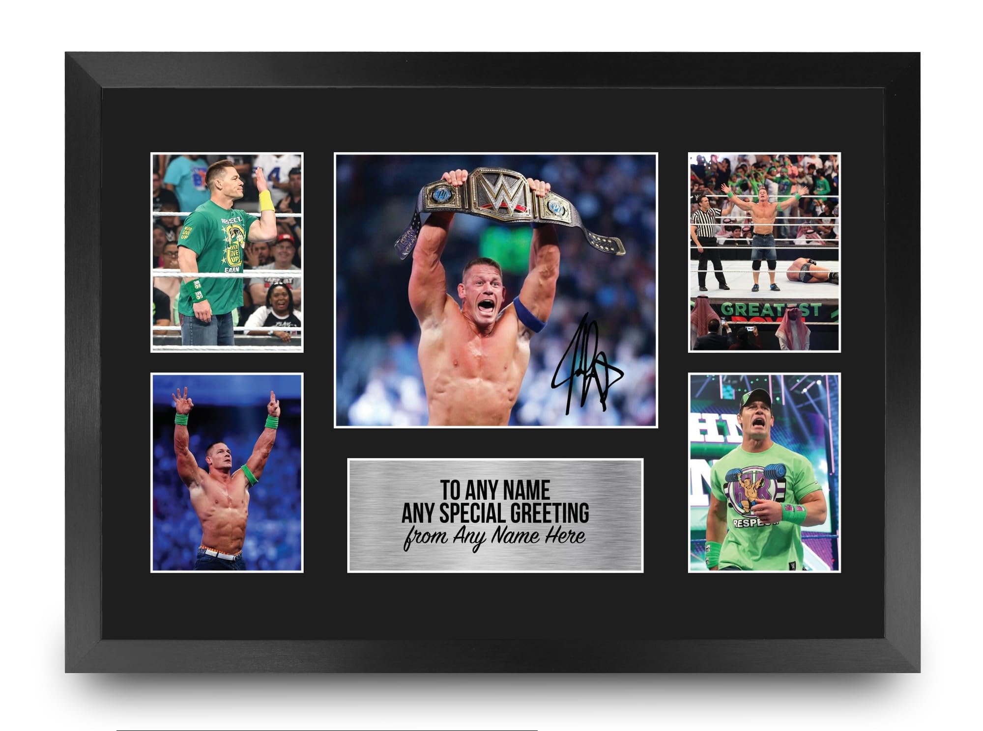 HWC Trading John Cena Wrestling Personalised Gift - Signed Autograph Picture, Framed A3 Wrestling Photo Display with Custom Name Message for Birthday Christmas Wedding