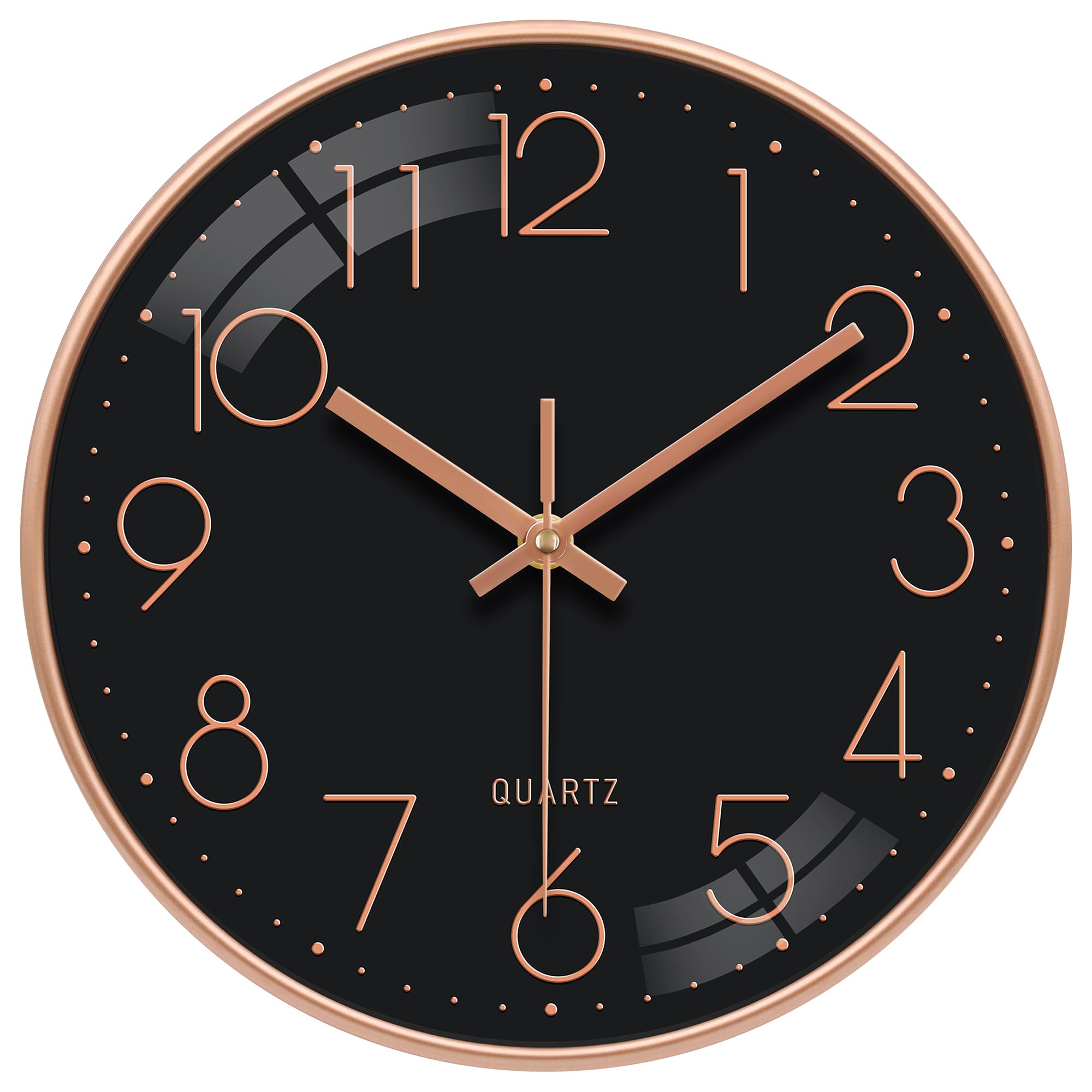 VIKMARI Silent Wall Clock 10 Inch Battery Operated Non-Ticking 3D Gold Number Quartz Sweep Analog Clock Decorative for Bedroom Office Bathroom(Rose Gold Black)