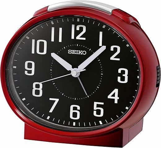 SEIKO QHK059RLH Oval Non Ticking Bedroom Alarm Clock, Metallic Red, 4.4 x 5 Inches
