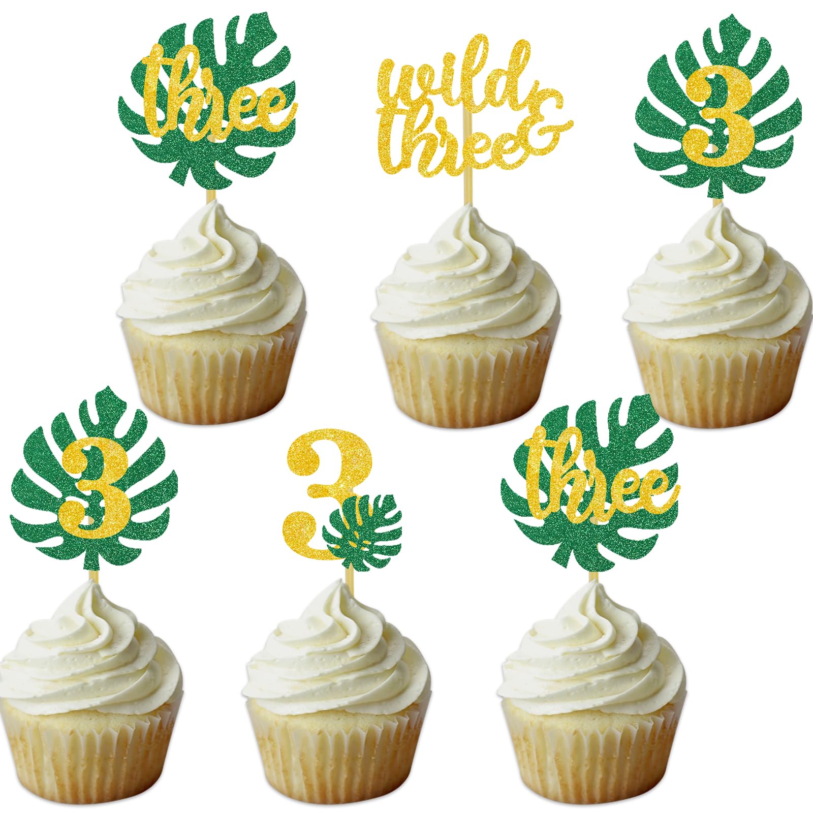 Safari Wild Three Cupcake Toppers Jungle 3rd Birthday Wild Theme Party Decoration Tropical Leaf Food Picks Gold 3