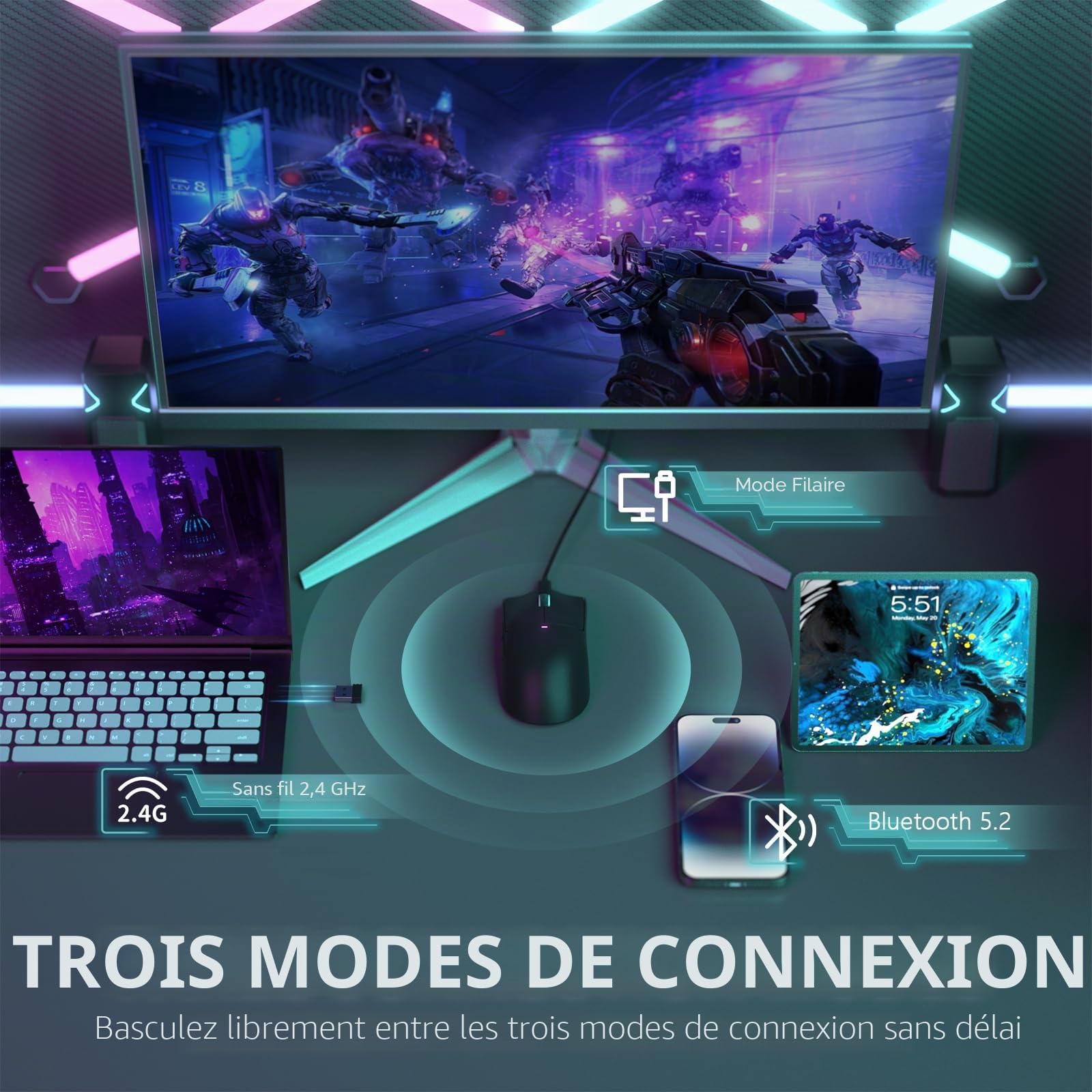 LexonElec x Attack Shark X11 Souris de Jeu sans Fil avec Station de Chargement Magnétique RVB, PixArt PAW3311, Souris de Jeu Tri-Mode Ultralégère 59 g, Filaire/2,4 G/BT, 22K DPI-Black