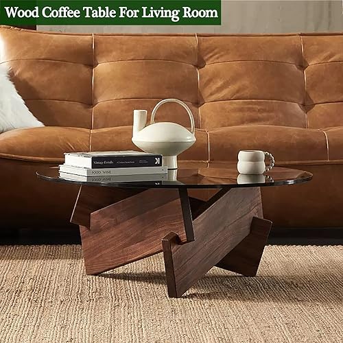 Miniatura 5 de QQXX Mesa auxiliar redonda de vidrio grueso, mesa auxiliar moderna de mediados de siglo, mesa auxiliar abstracta con base de madera, mesa central de