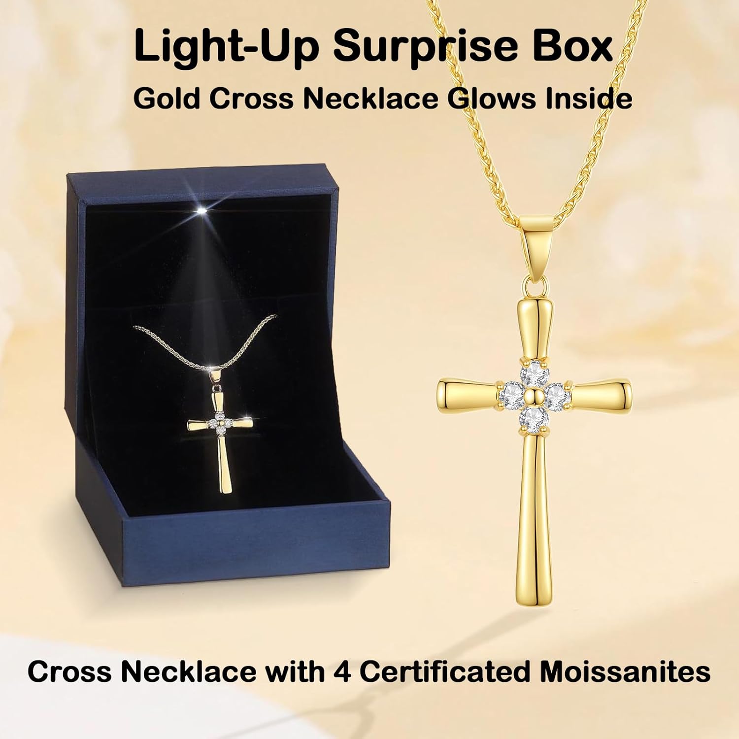 Gold Moissanite Cross Necklace for Women Wife in Light-Up Gift Box,Love Card - Women Anniversary Birthday Gifts Ideas for Wife Her Girlfriend, Christian Cross Chain Jewelry 1CT (18K Real Gold Filled) - Image 2