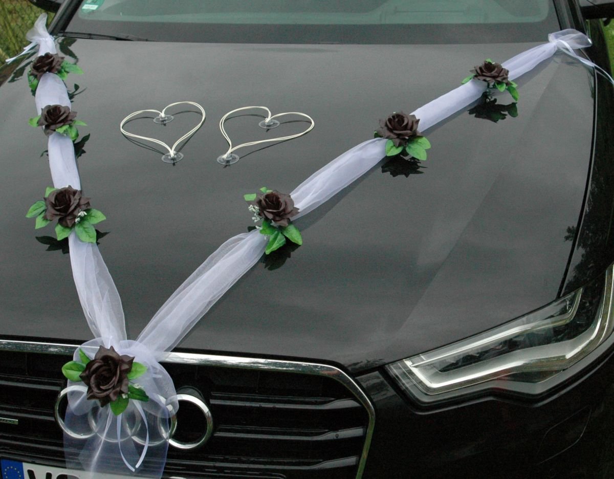 ORGANZA M + HERZEN Braut Paar Rose Deko Dekoration Autoschmuck Hochzeit Car Auto Wedding Deko Ratan Girlande ®Auto-schmuck PKW (Schwarz/Weiß/Weiß) - Image 3