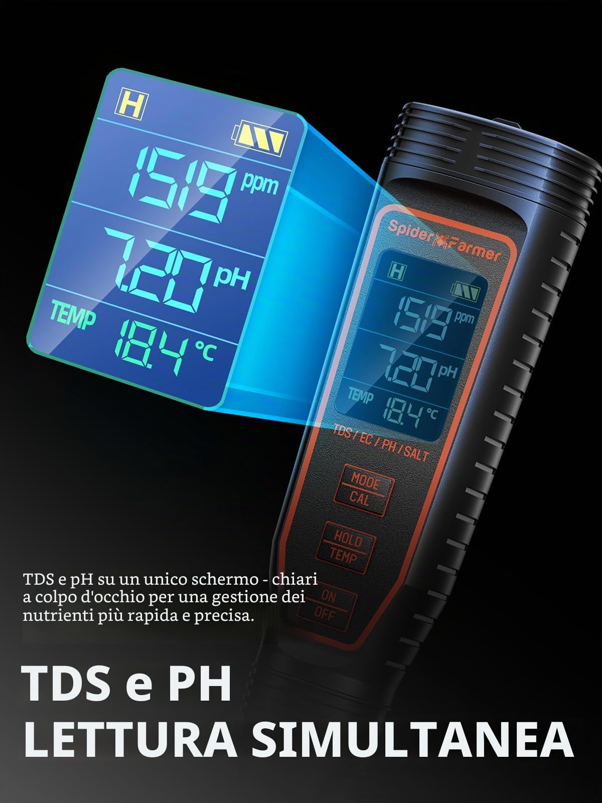 Spider Farmer Set di misuratori di pH 5 in 1 per acqua, tester di temperatura TDS-EC, con ATC, ricaricabile, per piante idroponiche, crescite, piscine, piscine e acquari (impermeabilità IP67)