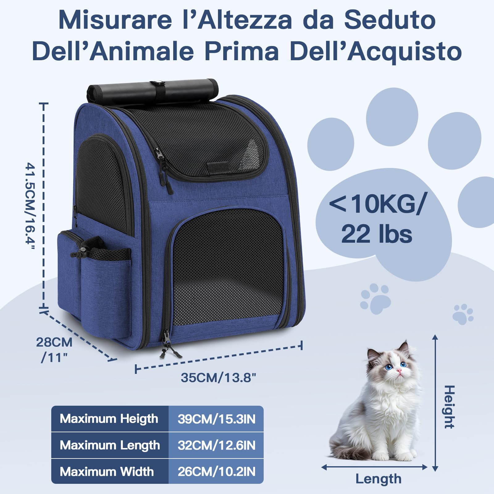 Zaino per Cani Gatti, Grande Zaino Gatto Cane 10 kg, Traspirante Zaino Porta Cane Gatto con Finestra a Rete, Zaino Trasportino Cani Gatto con Guinzaglio Interno e Tappetino per Viaggi - Blu