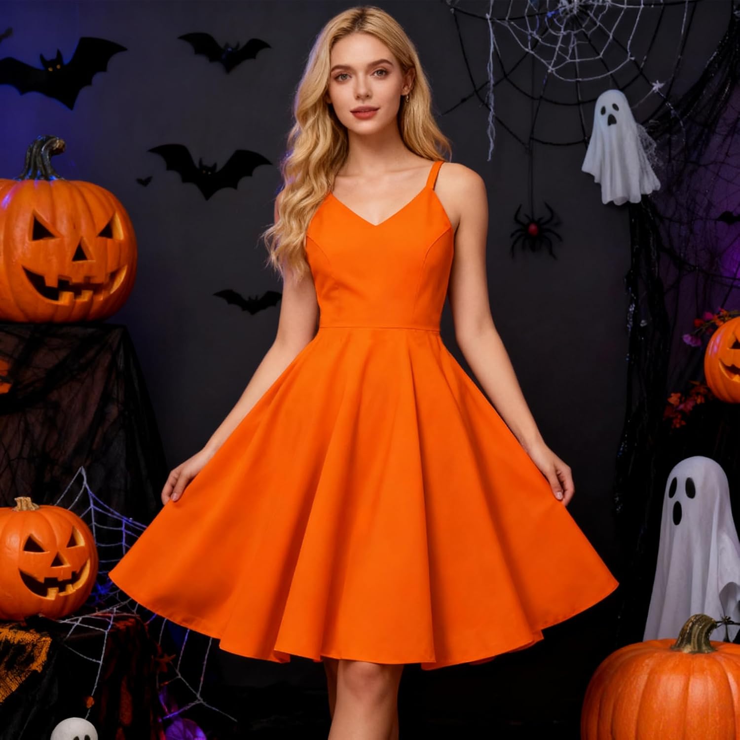 GOOBGS Women's 1950s Retro Vintage Spaghetti Strap Cocktail Swing Dresses with Pockets