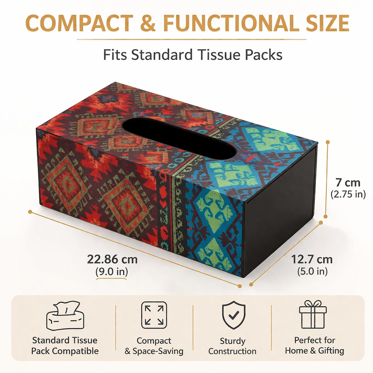 Reinvention Factory Designer Wooden Tissue Box Holder – Kilim Print | Decorative Tissue Paper Box & Napkin Holder for Dining Table, Living Room, Car & Office | Sliding Lid Tissue Box Cover (9 x 5 in) 4