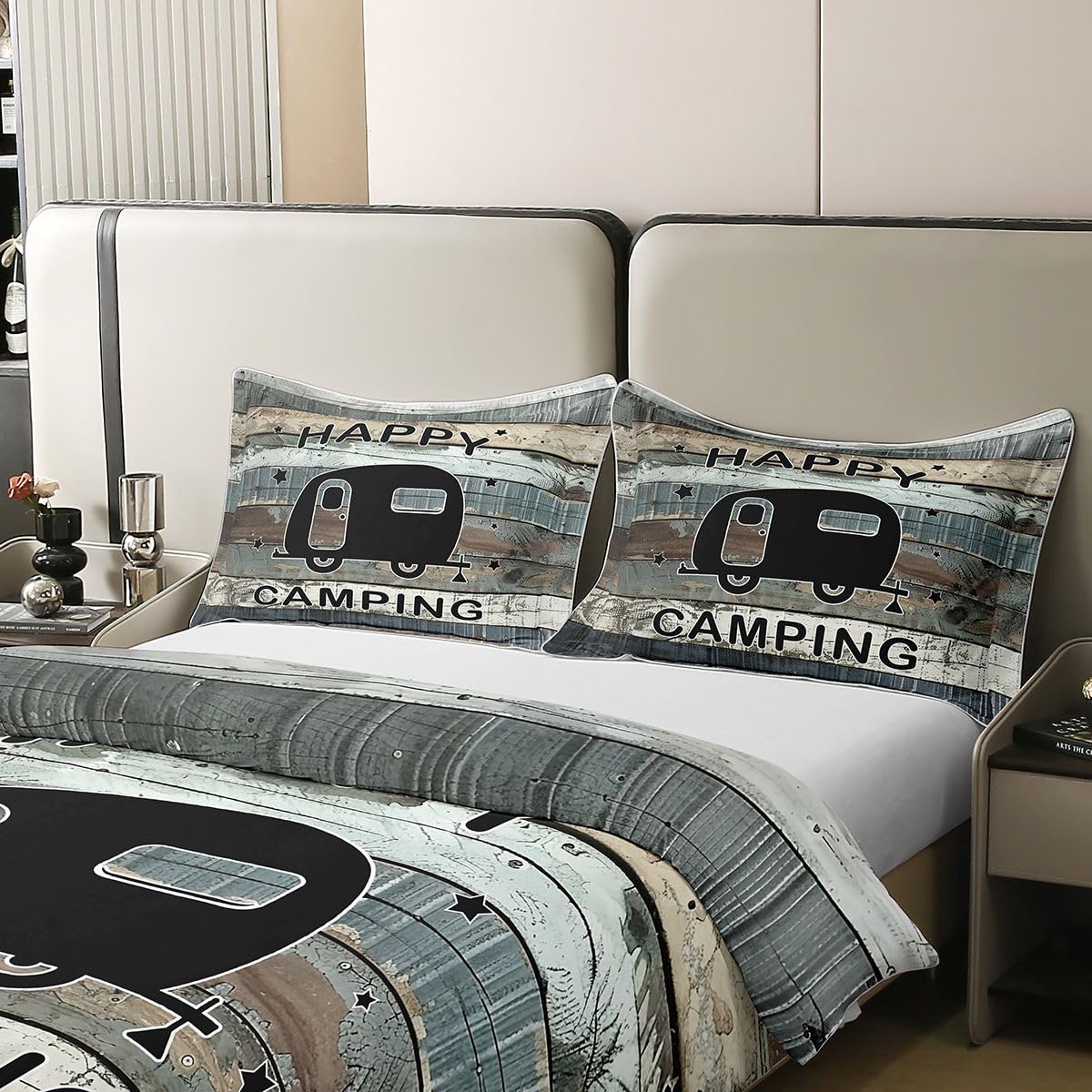 Homewish Happy Camping podwójna pościel zestaw czarny kamper bawełna poszewka na kołdrę vintage drewniane deski poszewka na kołdrę rustykalne zestawy łóżek wiejskich