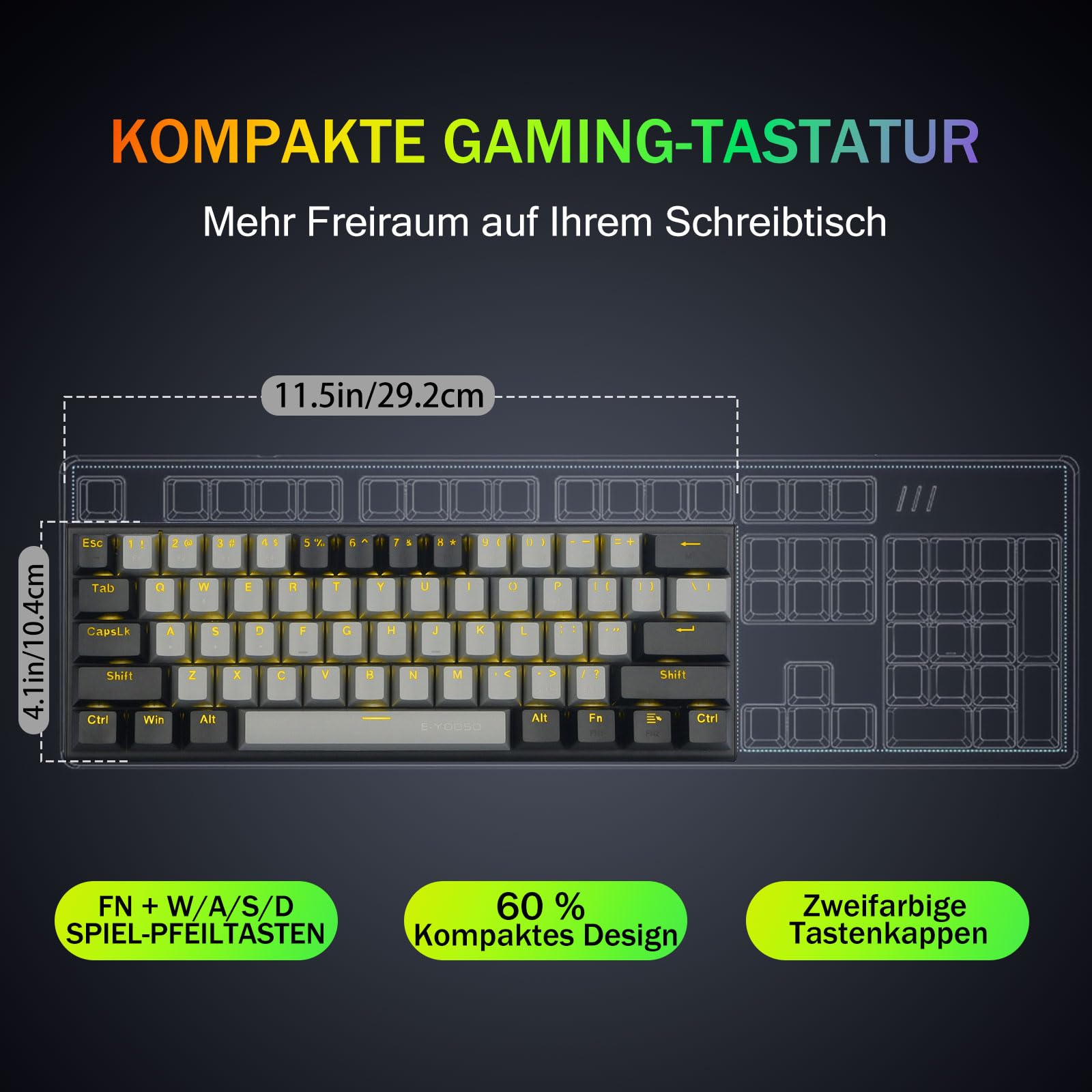 E-Yooso Z11 Clavier mécanique 61 touches, commutateurs rouges, clavier de jeu QWERTY filaire avec rétroéclairage LED, clavier d'ordinateur ultra compact à 60 % pour Windows (gris noir)