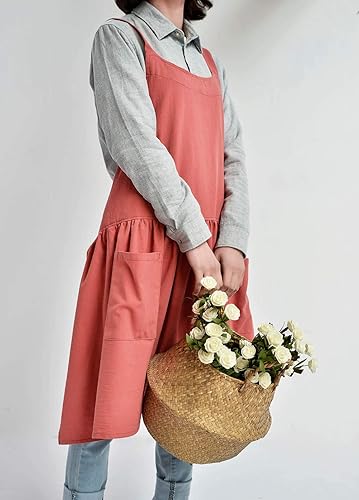 Miniatura 2 de NEWGEM Delantal de lino y algodón con espalda cruzada para mujer, con bolsillos para pintar, limpieza de pomelo rojo con lazos en la cintura