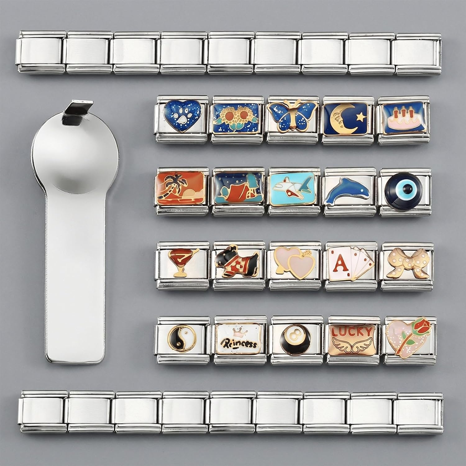 GEMOSA Silver Italian Charm Bracelet Sets with 1Pcs Starter Brascelet, 20Pcs Charms Pack and Opening Tools, 9mm Italian Modular Charm Bracelet Link Handmade DIY Module Jewelry Gifts - Image 2