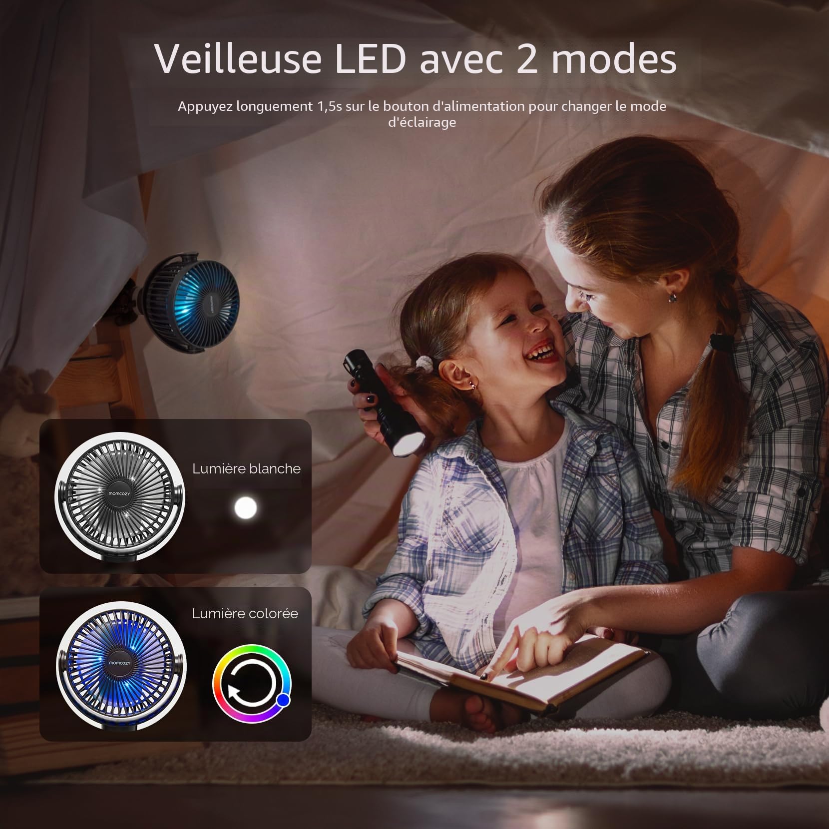 momcozy 8000mAh Ventilateur de Poussette Portable, Batterie de 27 Heures, Rotation Détachable à 4 Vitesses à 360 °, Veilleuse,Ventilateur de Rechargeable par USB,Voyage, Siège, Chambre (noir clair)