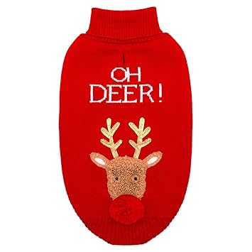 cyeollo Dog Sweater Dog Christmas Reindeer Knitwear Turtleneck with Leash Hole Holiday Puppy Clothes Cozy Sweaters for Small Dogs Cats