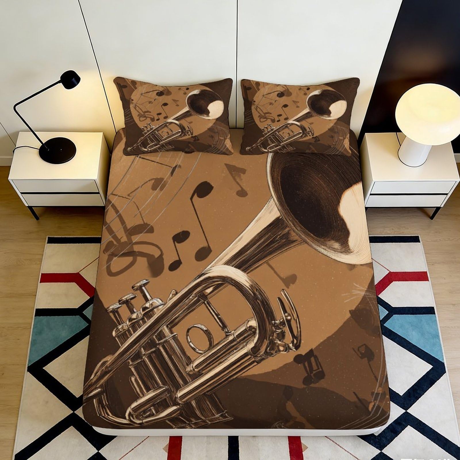 3D Printed Musical Trumpet Fitted Sheet Microfiber Soft Durable Brown Bed Cover for Bedroom Dormitory Guest Room Mattress Protection Decor 120x200x25cm