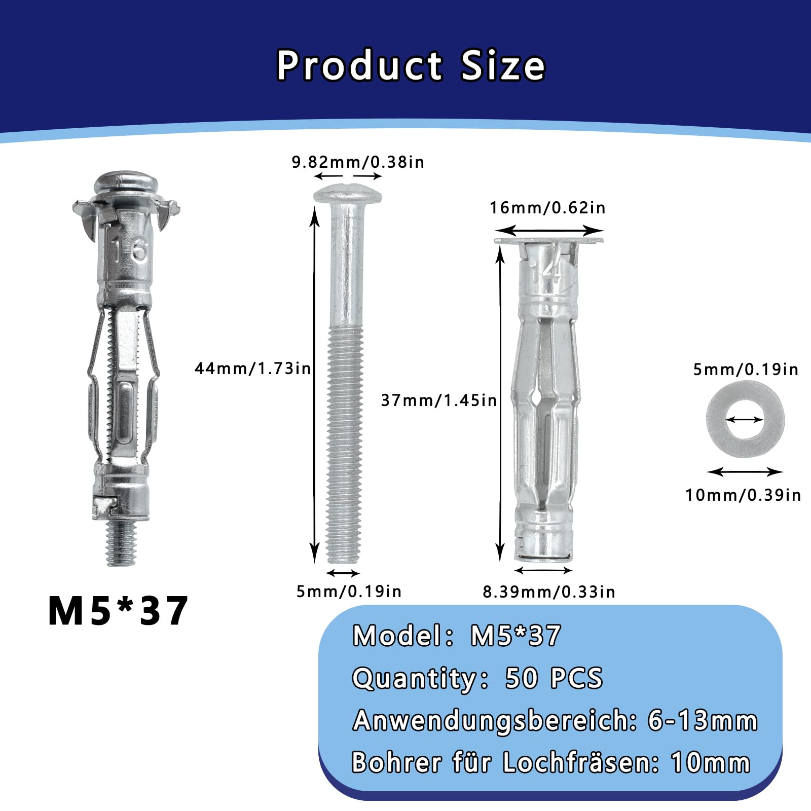 DAIRYCOF M5×37 Hollow Wall Anchors 50Pcs Plasterboard fixings,Heavy Duty Metal Hollow Wall Anchors for Plasterboard Tiles & Partitions - Image 2