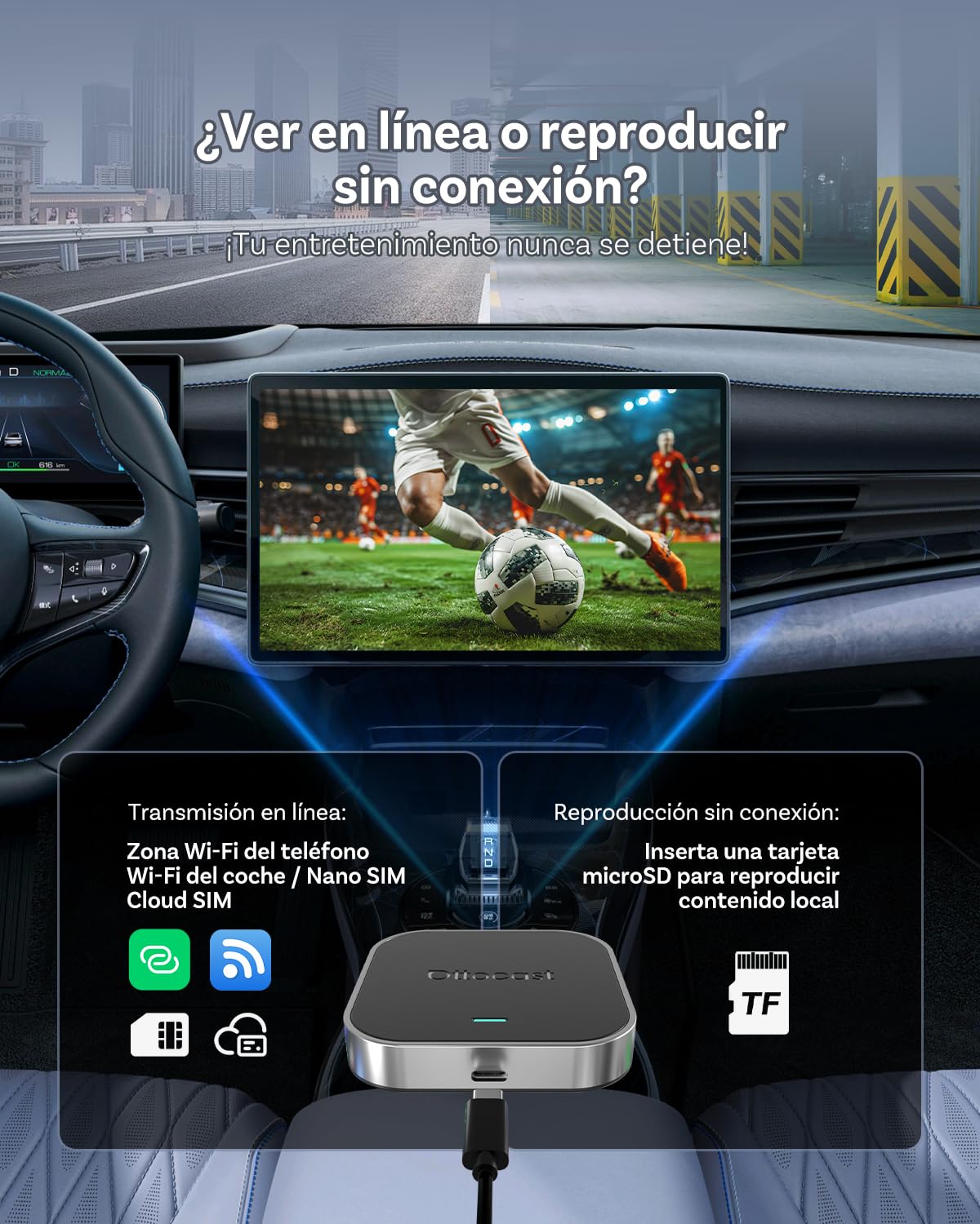 OTTOCAST E2 AI Box, 2026 Mejorada 3 en 1 Adaptador Inalámbrico CarPlay y Android Auto, Android 13 Vídeo Multimedia para Coche con Netflix YouTube, Descarga de Aplicaciones, 4GB+64GB, Actualización OTA