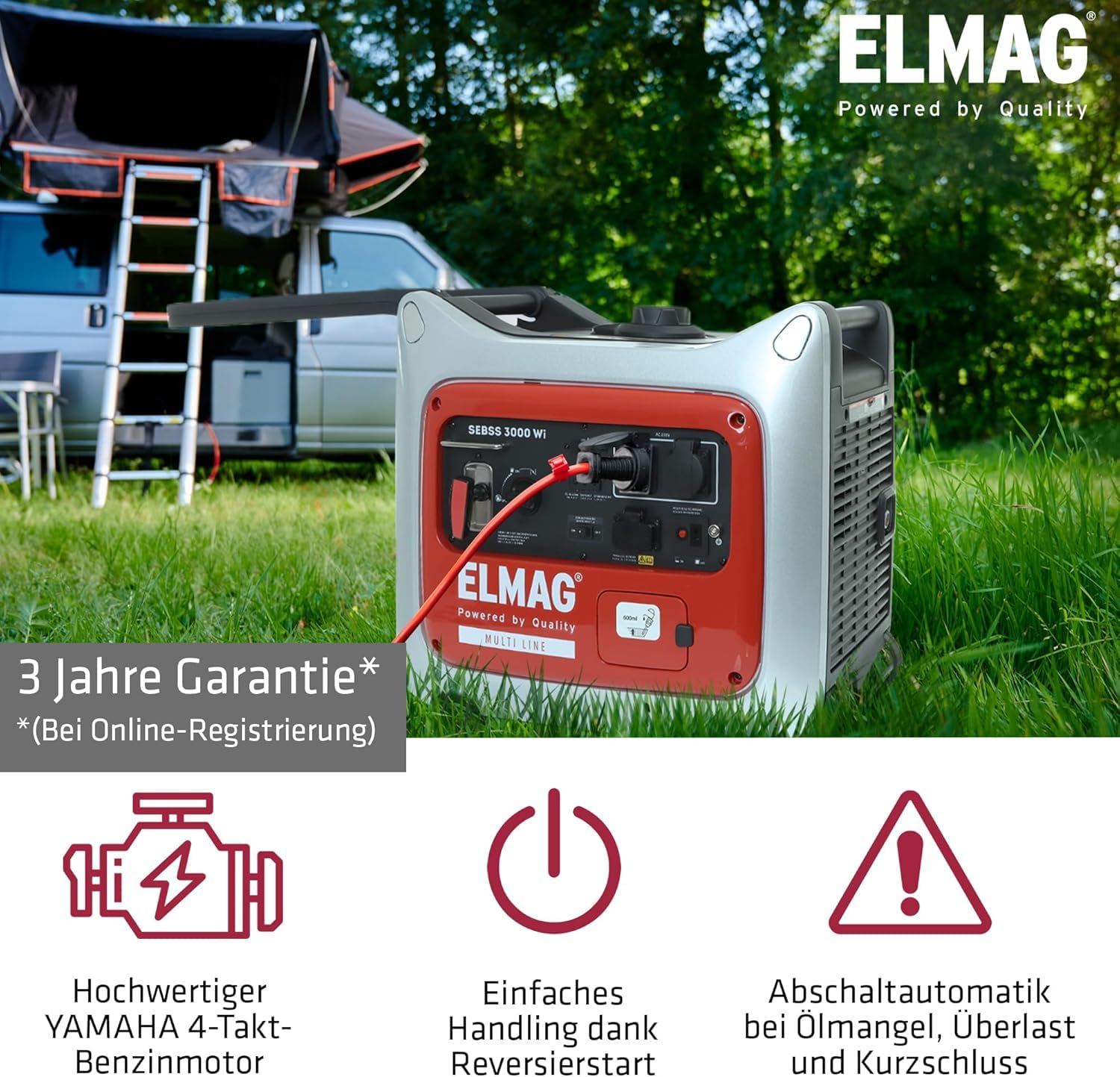 ELMAG Inverter Stromerzeuger SEBSS 2000Wi 1,6 kVA Benzin Stromgenerator mit 4-Takt-Motor, leise & kraftvoll Stromaggregat mit ECO-Modus, 2 x 230V, USB & 12V Für Camping, Outdoor & Notstrom