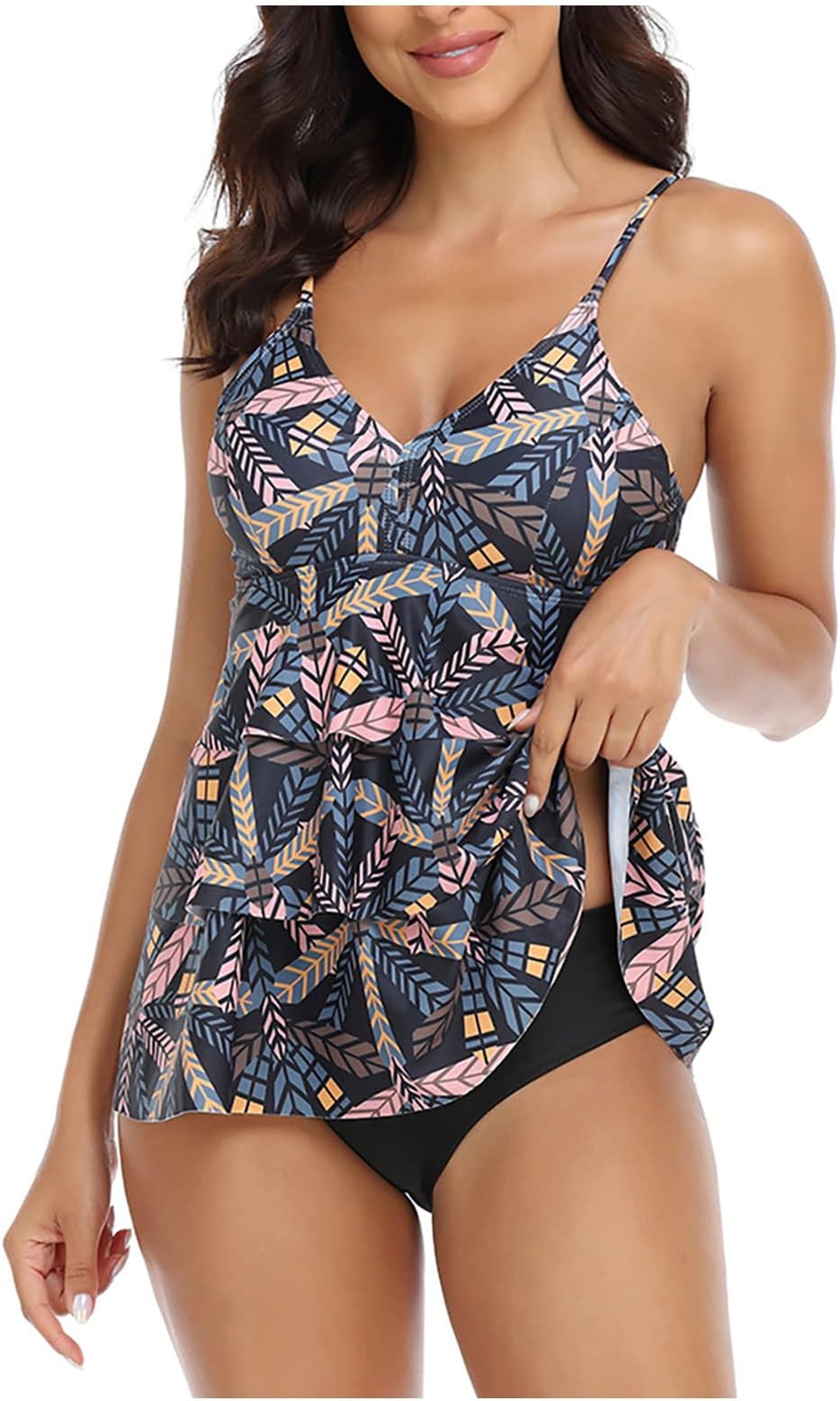 Women's Loose Tankini Top with Bikini Bottom Adjustable Spaghetti StrapsTwo Piece Tummy Control Tankinis Swimsuit