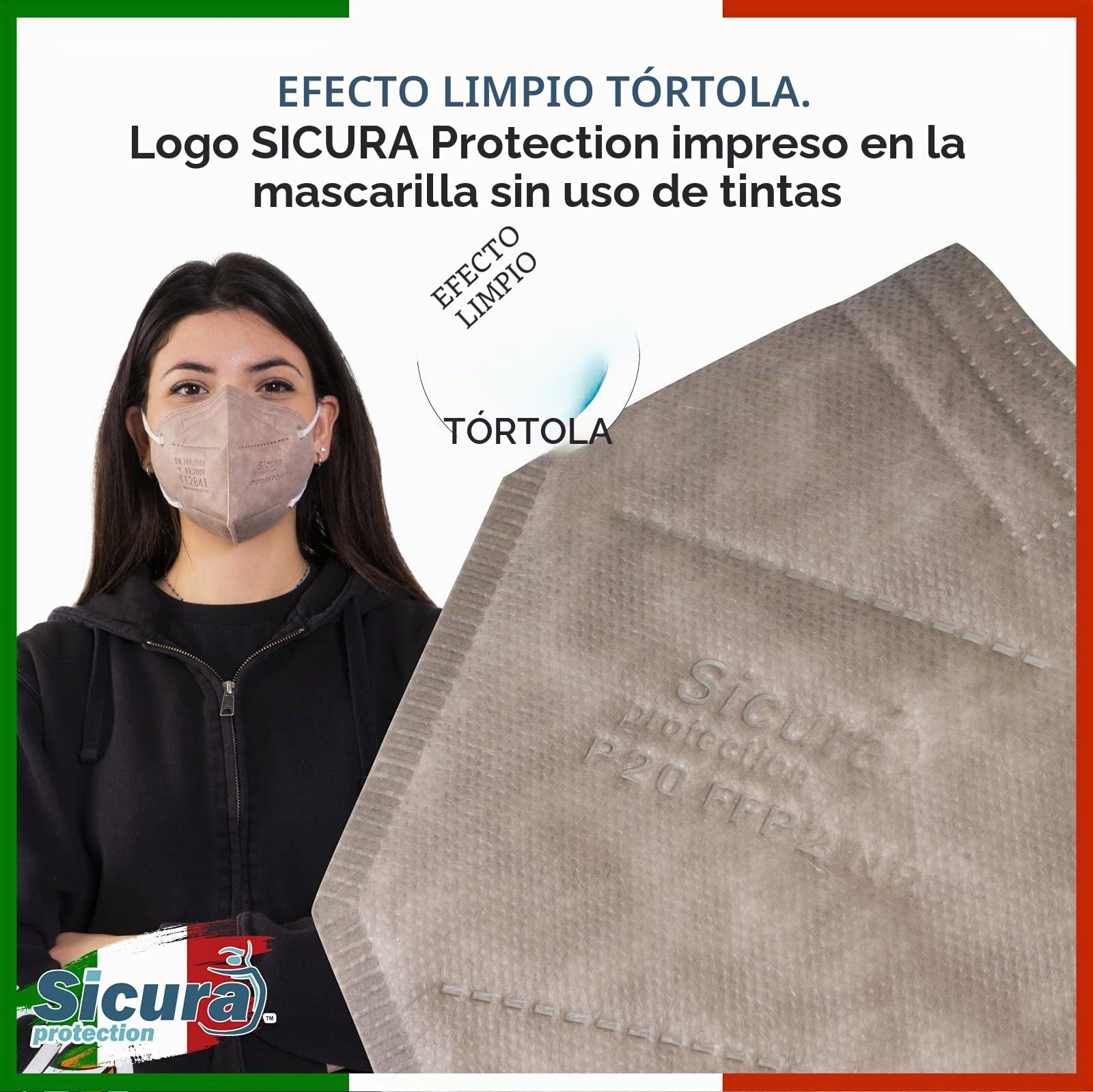 50 mascarillas FFP2 Certificadas CE Logotipo en relieve TORTÓLA SICURA Italia ≥99% Made in Italy Mascarillas FFP2 SANITIZADAS y selladas individualmente