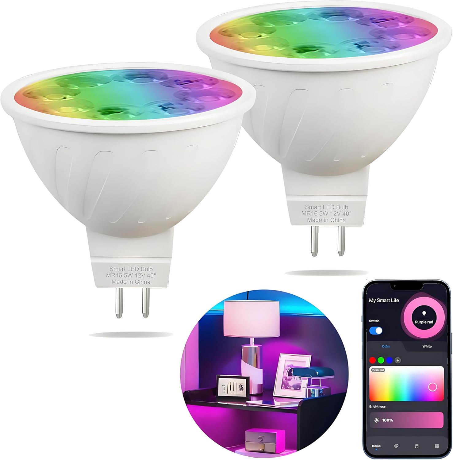 MR16 Smart Light Bulbs, MR16 LED Bulb Color Changing, Compatible with Alexa Google Assistant, 16 Million Colors RGBCW, WiFi & Bluetooth Light Bulbs, Music Sync, 2-Pack MR16 Smart Light Bulbs, MR16 LED Bulb Color Changing, Compatible with Alexa Google Assistant, 16 Million Colors RGBCW, WiFi & Bluetooth Light Bulbs, Music Sync, 2-Pack