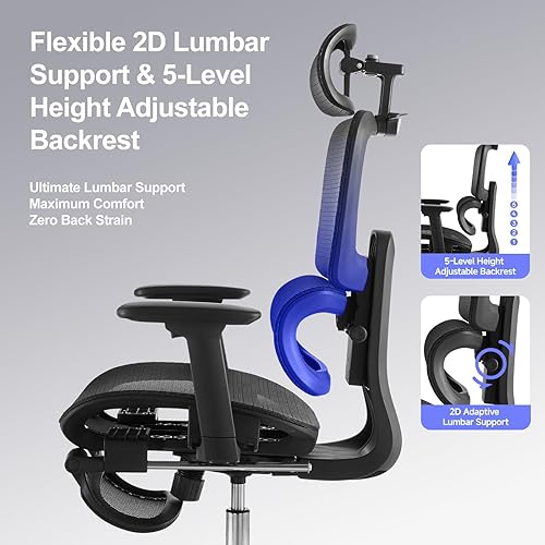 Miniatura 6 de Silla de oficina con reposapiés, silla ergonómica con almohada para el cuello y ruedas de goma, silla de computadora con respaldo ajustable y