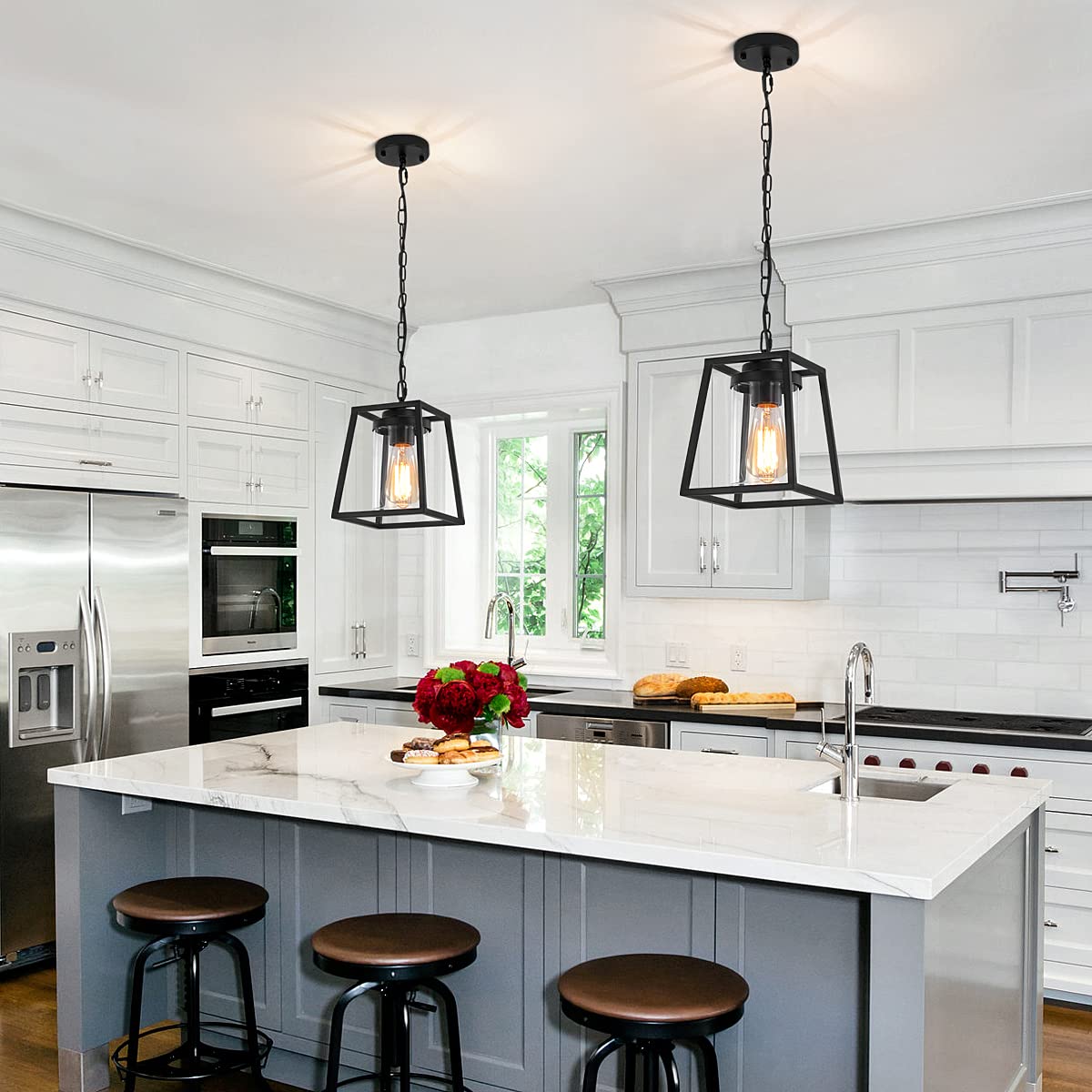 ZSMIHDOH Trapezoidal Black Pendant Light with Clear Glass Shade, Industrial Lantern Pendant Lighting for Kitchen Island Dining Room Foyer Hallway Indoor Ceiling Hanging Lighting, Adjustable Height