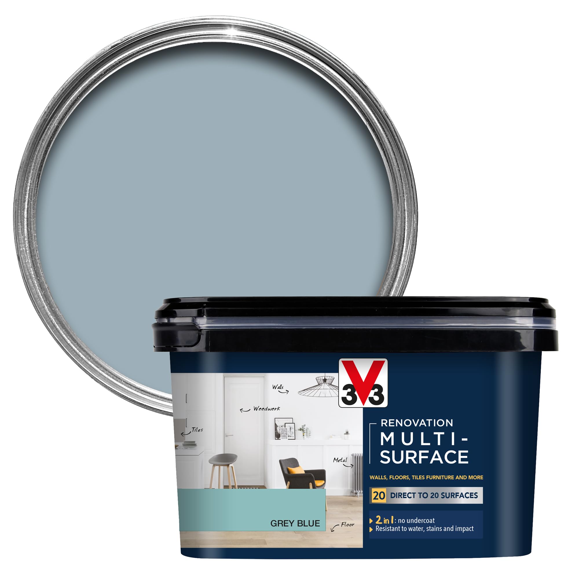 V33 Grey Blue Renovation Multi-Surface Paint - No Undercoat Needed - Over 20 Surfaces - Resistance To Water Stains & Impact - High Coverage - Satin 2L