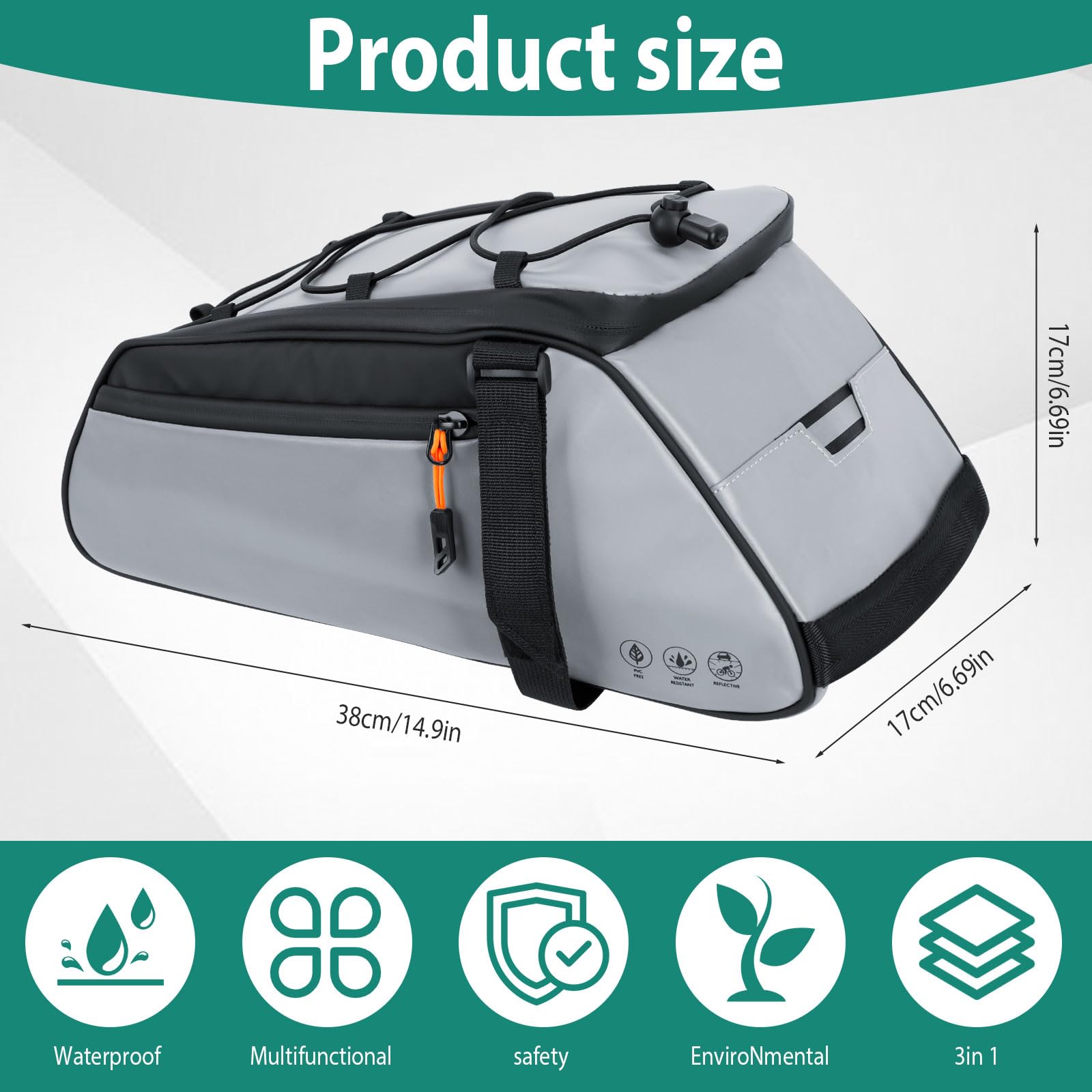 JABNOW Borsa da bicicletta 3 in 1 per portapacchi, impermeabile, 10 l, riflettente, multifunzione, con protezione antipioggia, per interni ed esterni, colore: argento