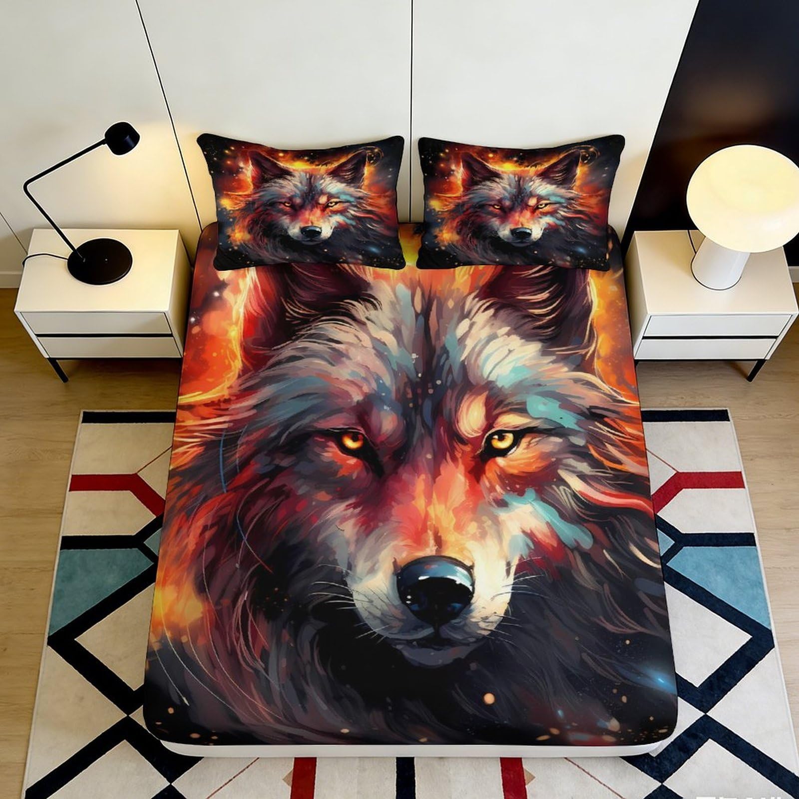 3D Printed Fiery Wolf Fitted Sheet Microfiber Soft Durable 3D Printed Wolf Face Bed Cover for Bedroom Dormitory Guest Room Mattress Protection 140x200x25cm