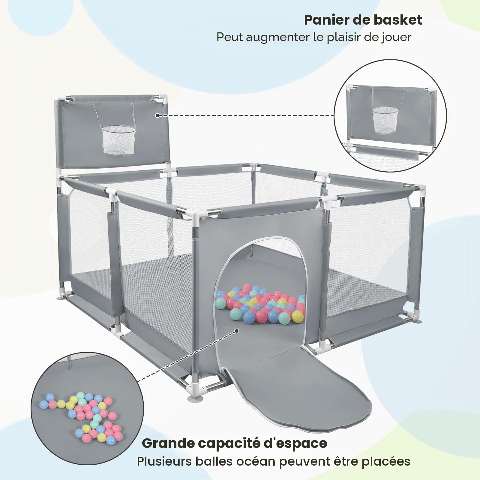 Parc Bebe,parc avec tapis pour bébés et tout-petits, petit parc pour bébé avec tapis,Grand Parc Adapté Intérieur Extérieur avec Grille de Protection,Barre avec Jouets (Gris clair 126 * 126 * 66cm)