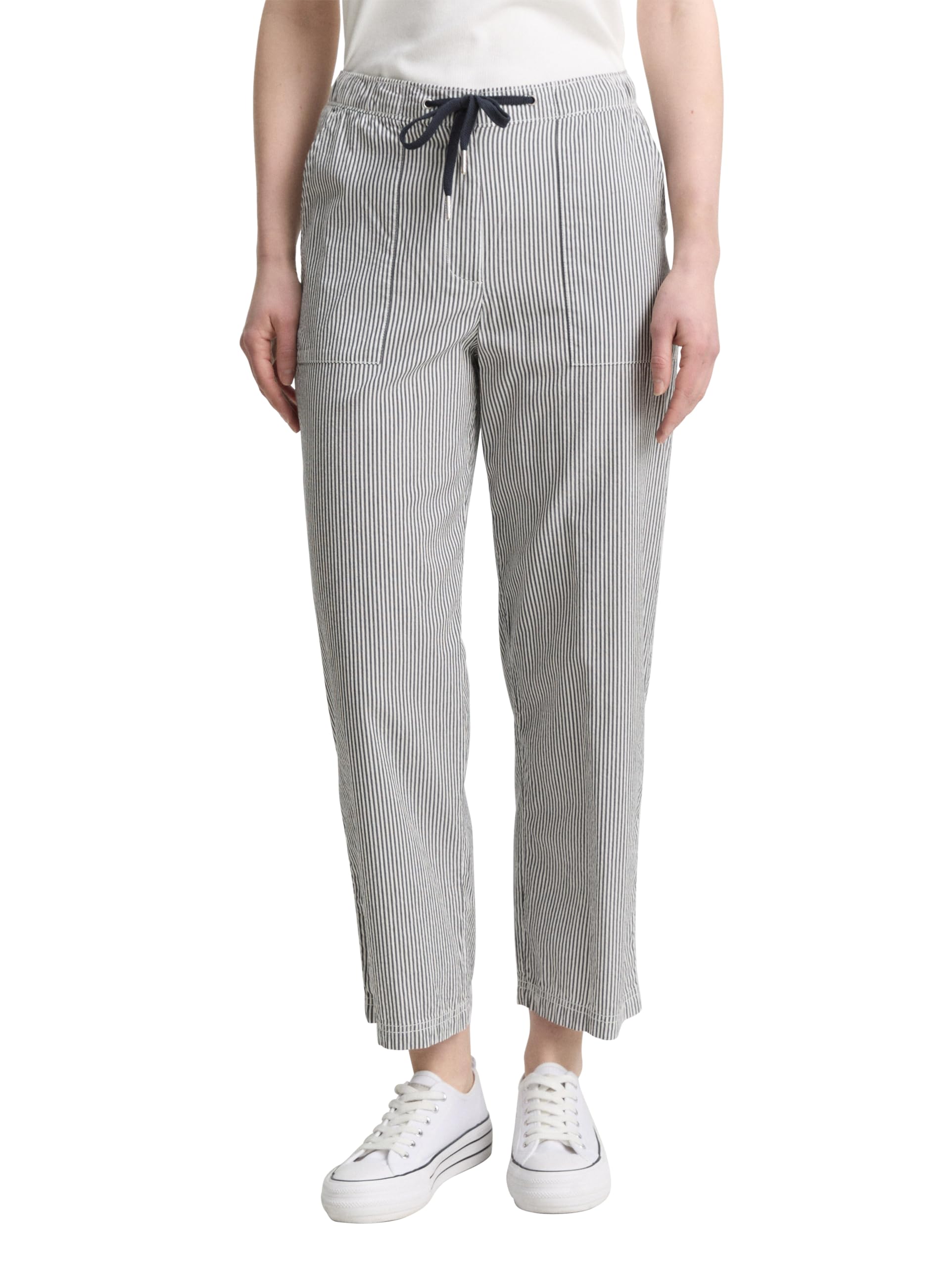 Tom Tailor Women's 32132 - Navy Seersucker Stripe Seersucker Culotte Trousers With Drawstring, 36W X 28L