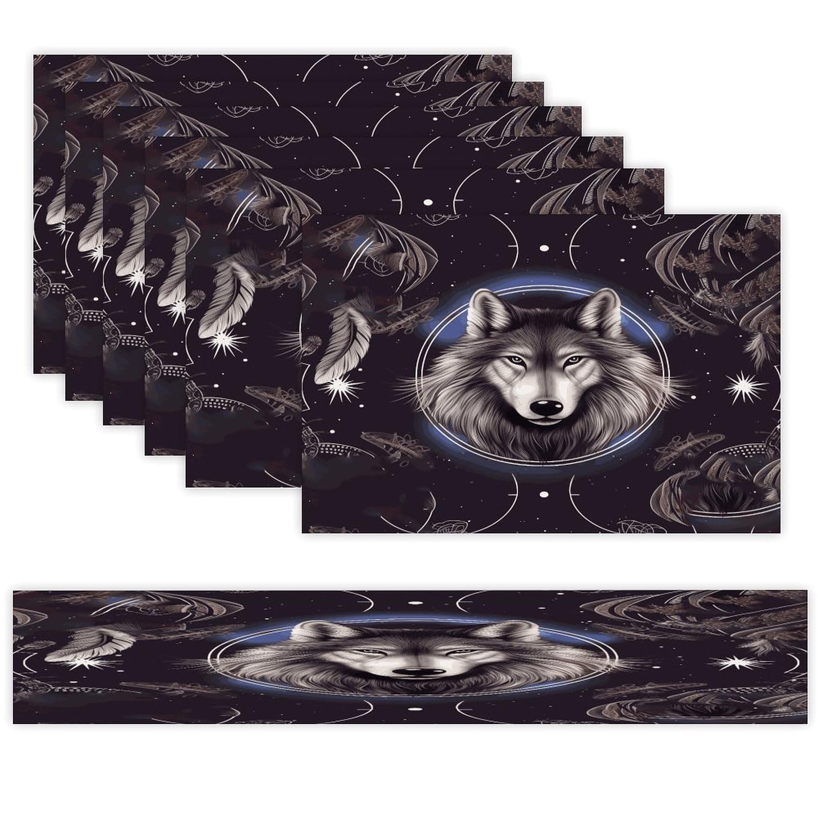 Wolves and Dream Catchers Table Runner and Placemats Set of 6 Wipe Clean Heat Resistant Table Mat with Table Runner Decorations Flax Linen Place Mat Set for Home Kitchen Party Supplies