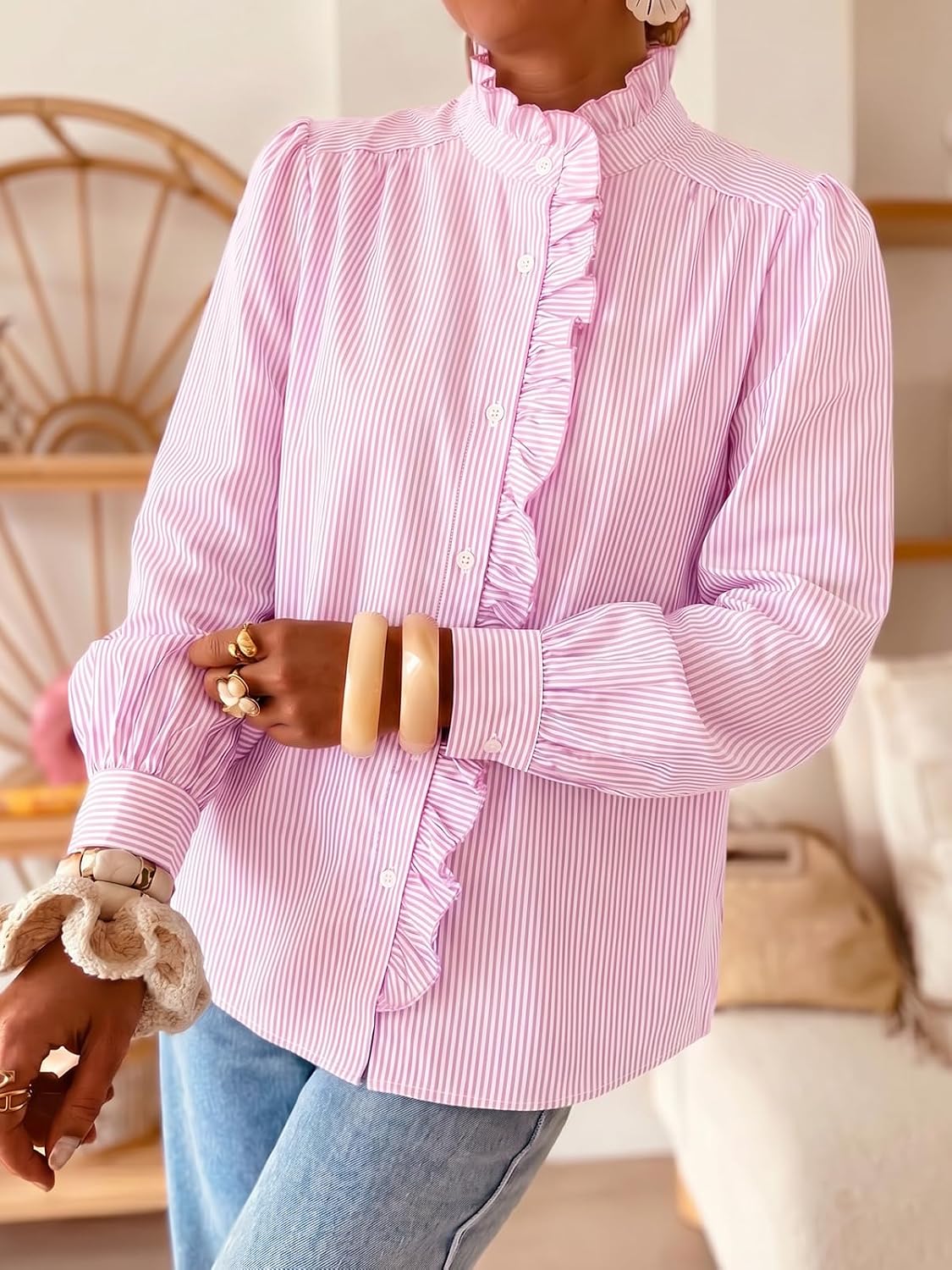 Cicy Bell Womens Ruffle Striped Button Down Shirts Puff Long Sleeve Blouses | Trendy Casual, Loose Fit, Fall Tops, Stand Collar