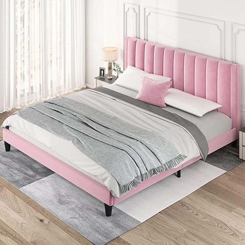 Miniatura 85 de HOOMIC Base de cama de plataforma de tamaño matrimonial con cabecera de canal vertical tapizada de terciopelo de felpa, no necesita somier, fácil