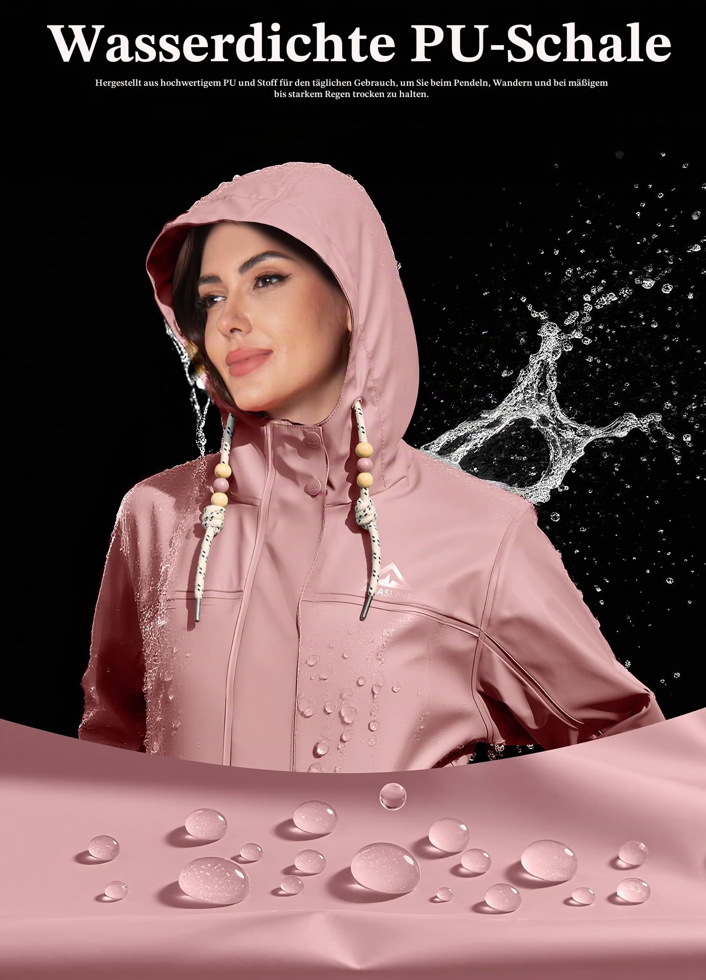 Regenmantel Damen Übergangsjacke PU Wasserdicht Frauen Regenjacke Lang Parka Regenparka mit Kapuze Outdoor S-3XL