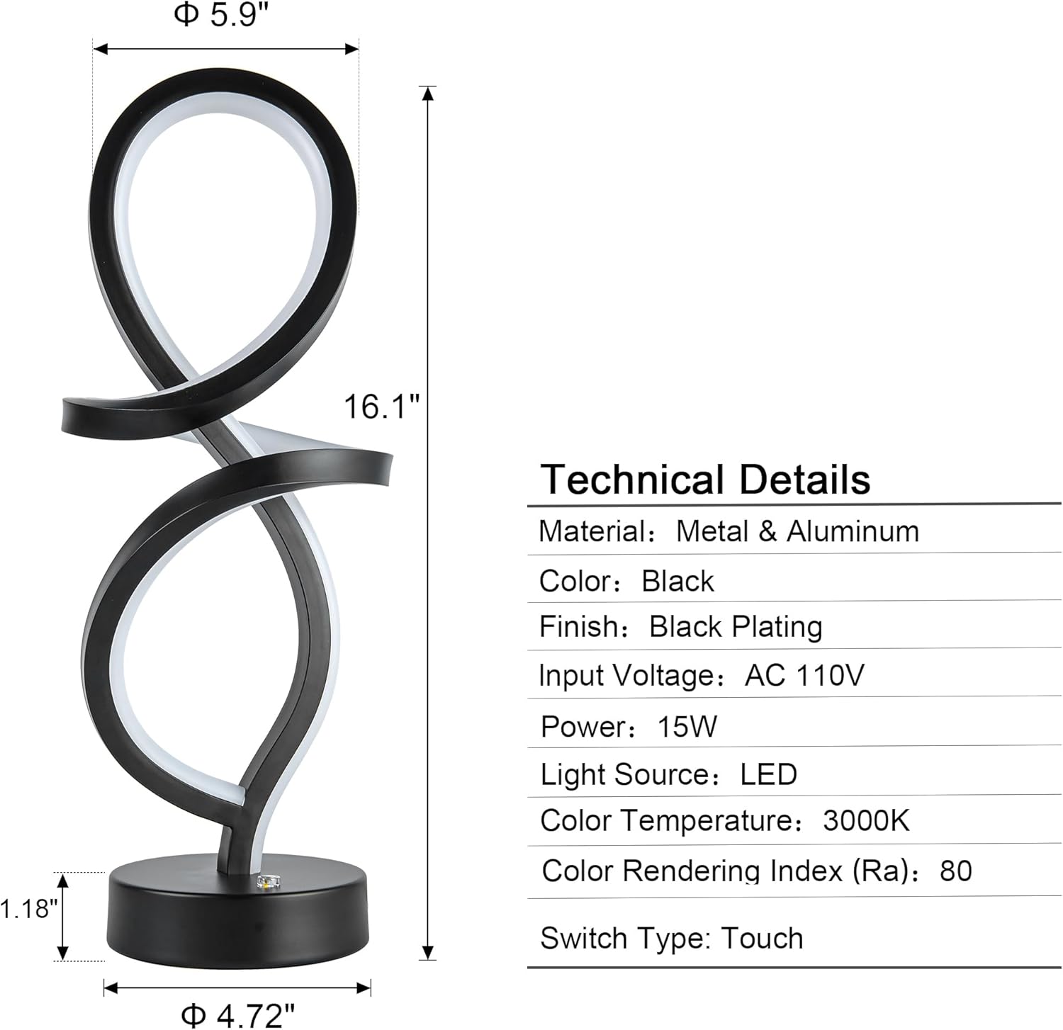 Mayful Modern RGB Table Lamp with LED Spiral Design, Black Bedside Lamp & Nightstand Lamp, Touch Dimmable with 7 Colors & 10 Modes for Bedroom, Living Room, Home Office, 15W