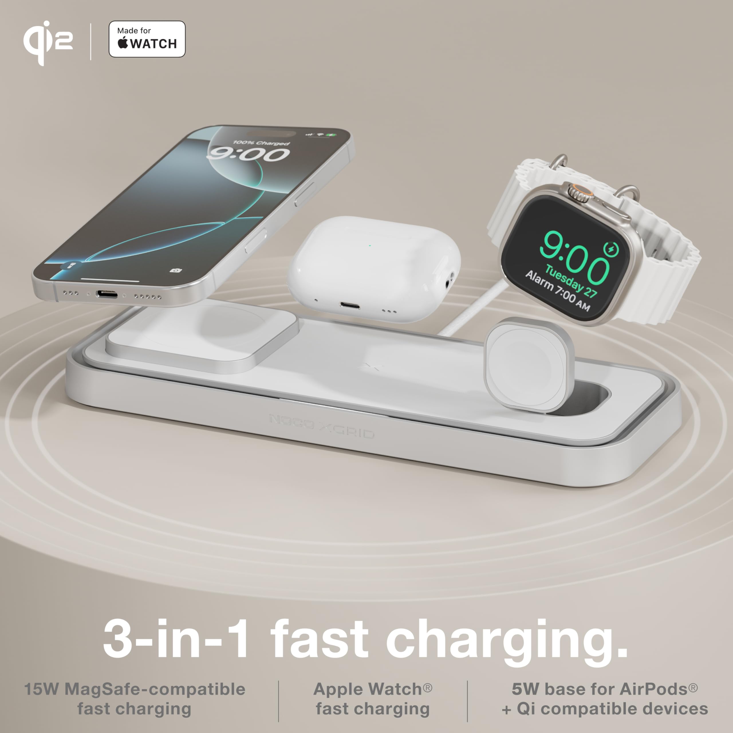 NOCO XGrid XDP3: Base di Ricarica Wireless 3-in-1 – Stazione di Ricarica per iPhone, Apple Watch e AirPods – Compatibile MagSafe, Certificata Qi2 – Con Caricatore USB-C 45W e Cavo da 2m