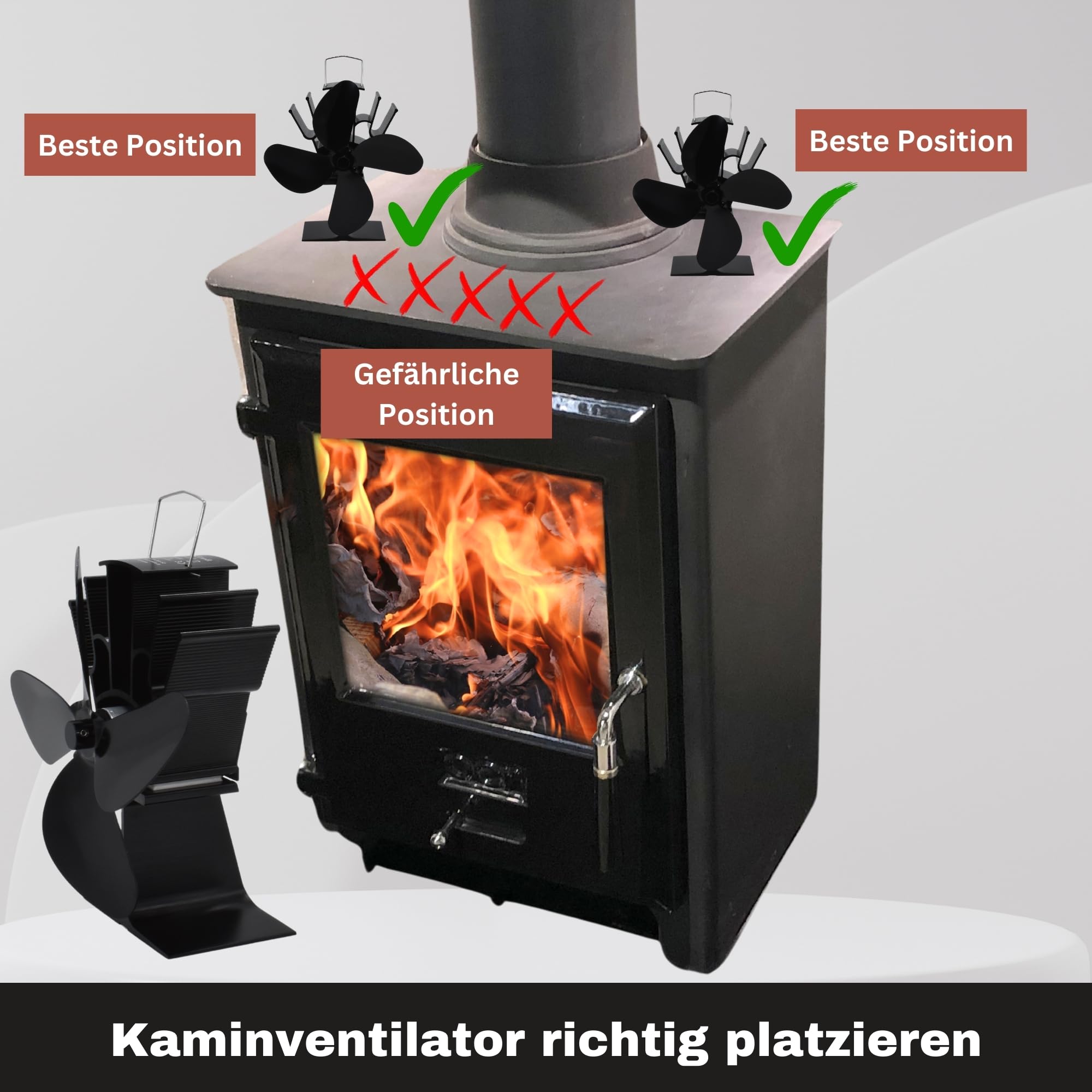 Kaminventilator 4 Klingen Kamin Ventilator stehend Ofenventilator ohne Strom geräuscharm & ökonomisch für Holzöfen & HL Kauf-Block