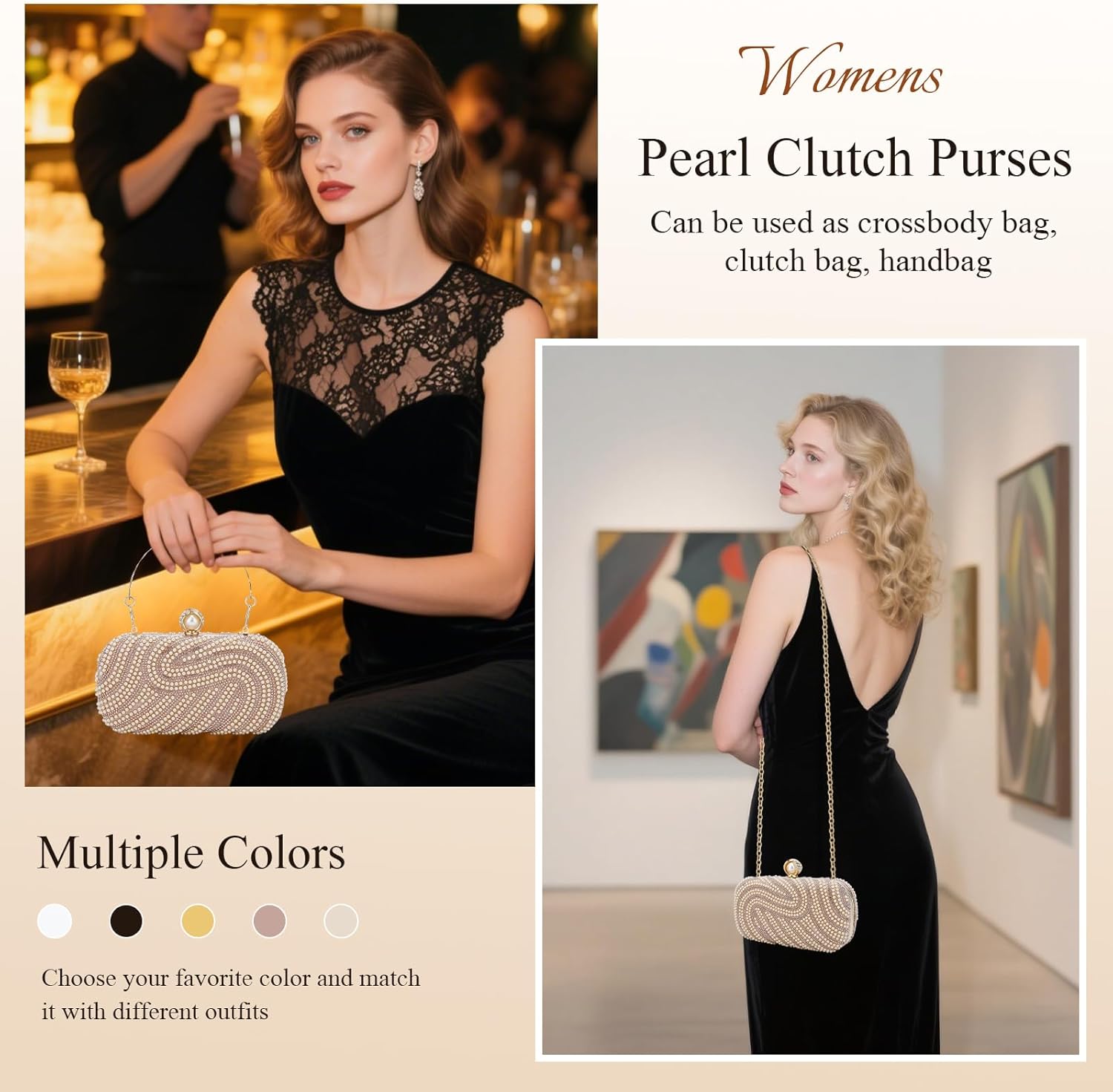 YYW Womens Pearl Clutch Purse Evening Handbags Beaded Bag for Wedding Bride Party with Chain - Image 2